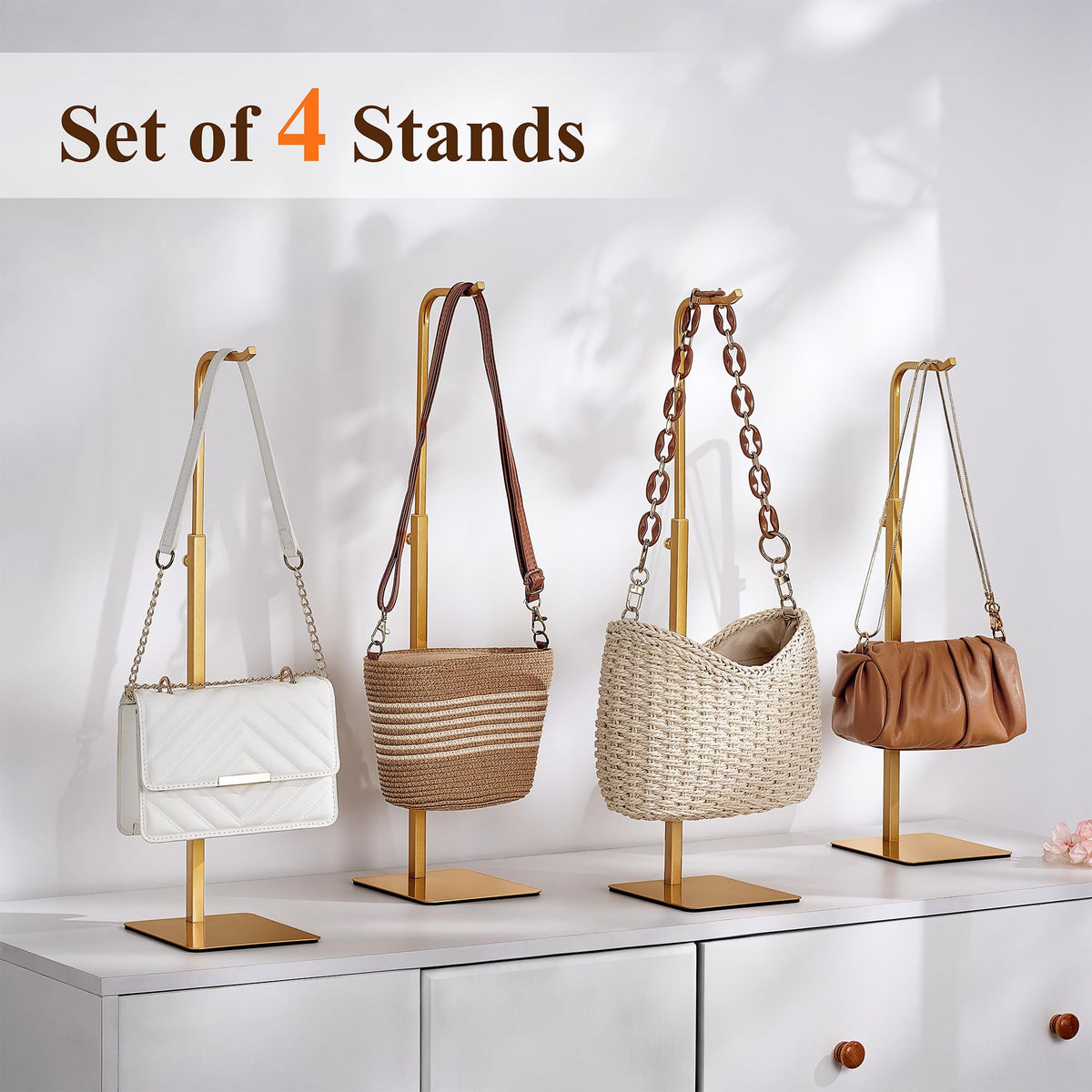 niffgaff 4 Pack Adjustable Purse Holder: Handbag Display Stand, Hanger Rack for Bags, Purses and Wreaths, Tabletop Closet Desk Retail Vendor Display Stand, Gold