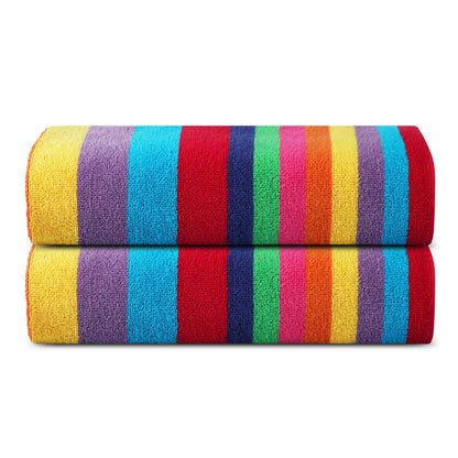 SweetNeedle Beach Towels for Adults Pack of 2 - Miami Vibe Multi Cabana Stripe Classic - 100% Cotton Terry Ringspun Pool Towel, Quick Dry, Super Absorbent Swimming large towel, 76 x 152 cm