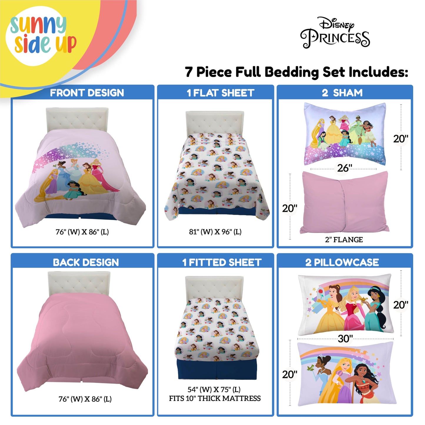 Disney Princess Full Comforter Set - 7 Piece Kids Bedding Includes Comforter, Sheets & Pillow Cover - Super Soft Rainbow Stars Microfiber Bed Set