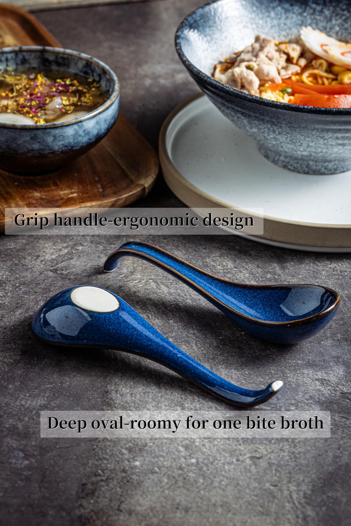 LYEOBOH Soup Spoons set of 6, Chinese Deep Soup Spoon - 6.5 inch Ceramic Korean Tablespoons for Ramen, Rice, Noodle, Asian Spoons with Deep Hook Design, Vintage Blue