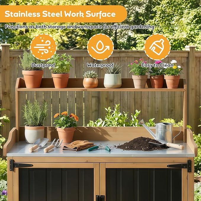 Potting Bench Table & Outdoor Storage Cabinet with Lockable Wheels, Adjustable Shelves, Mobile Waterproof Metal Top Workstation for Garden Patio BBQ Organization, Magnetic Latch & Edge Guard