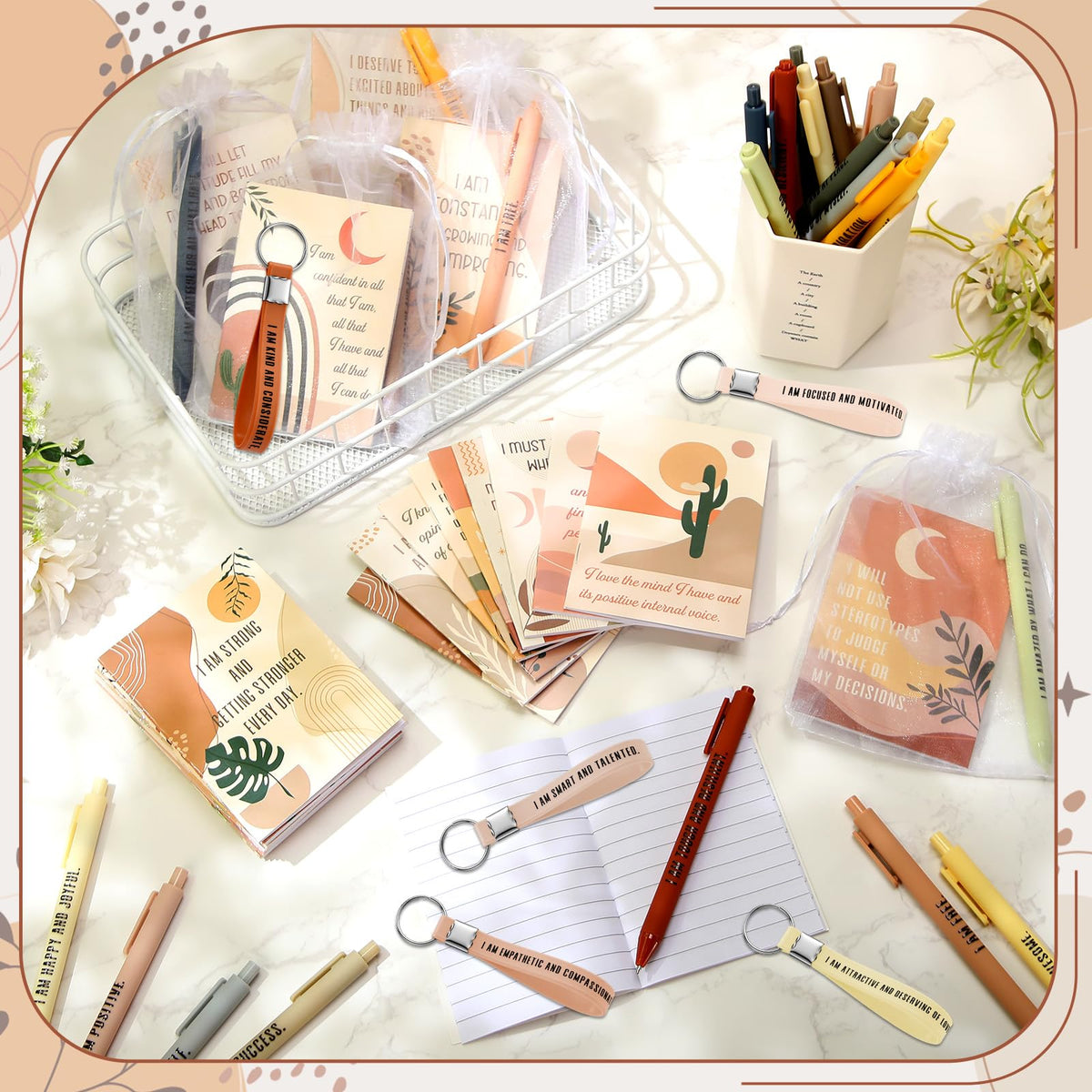 Mooliwe Positive Affirmation Gift Set Gratitude Notebooks with Pens Keychains Small Bags Motivational Party Favors for Adult Women Coworkers Employee Group(24 Set,Boho)