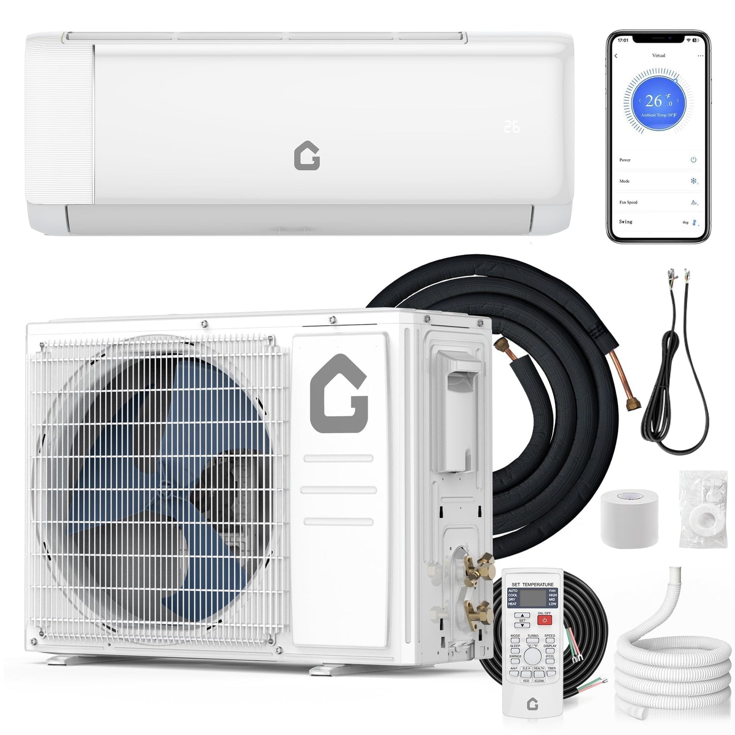 18,000 BTU Mini Split Air Conditioners, AC/Heating System, 21 SEER2, Quiet Operation, 230V WIFI Enabled Energy Efficient Mini Split Unit, Heat Pump & Installation Kits for Rooms Up to 1250 Sq.ft