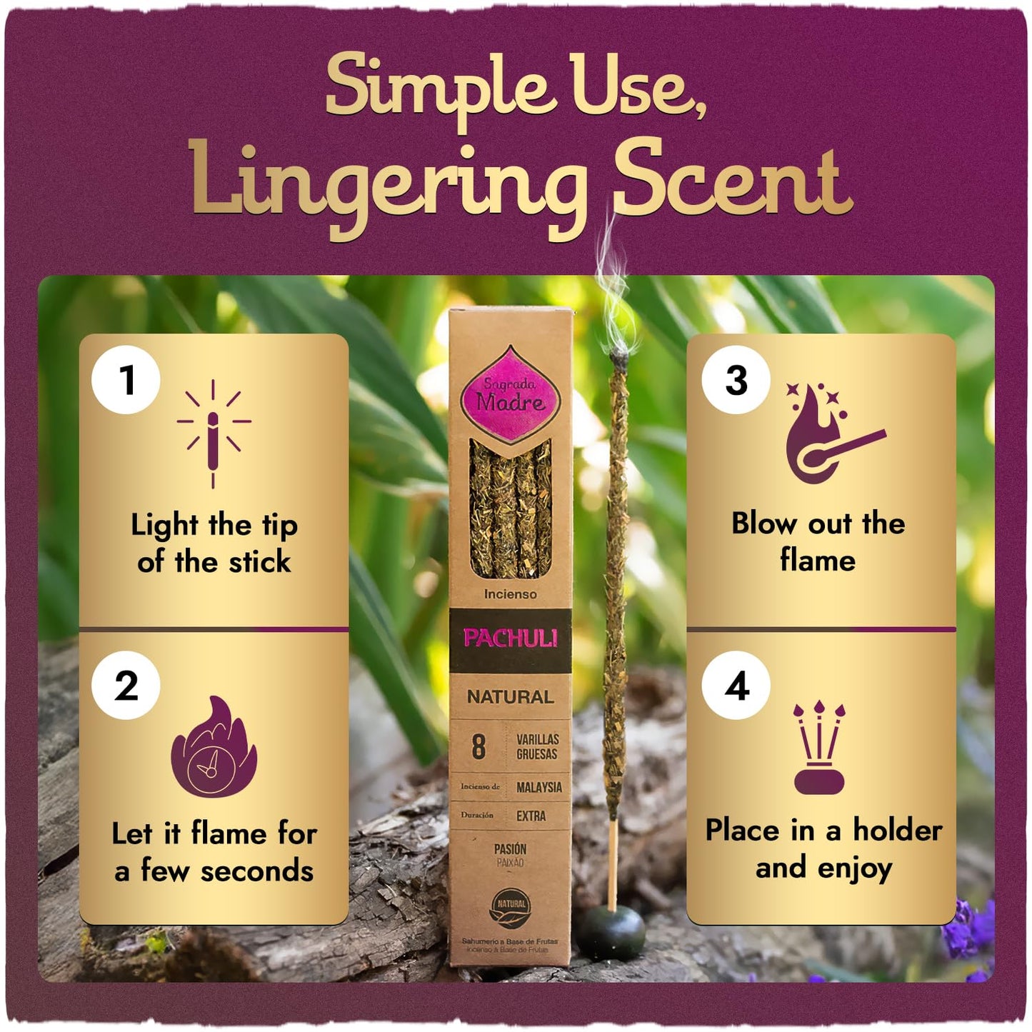 Sargada Madre - 8 Natural Patchouli Incense Sticks, 9 Inches Each - Aromatherapy Sticks for Protection, Love & Prosperity - Purify Your Space & Attract Positive Energy - Extended 1 Hour Burn Time