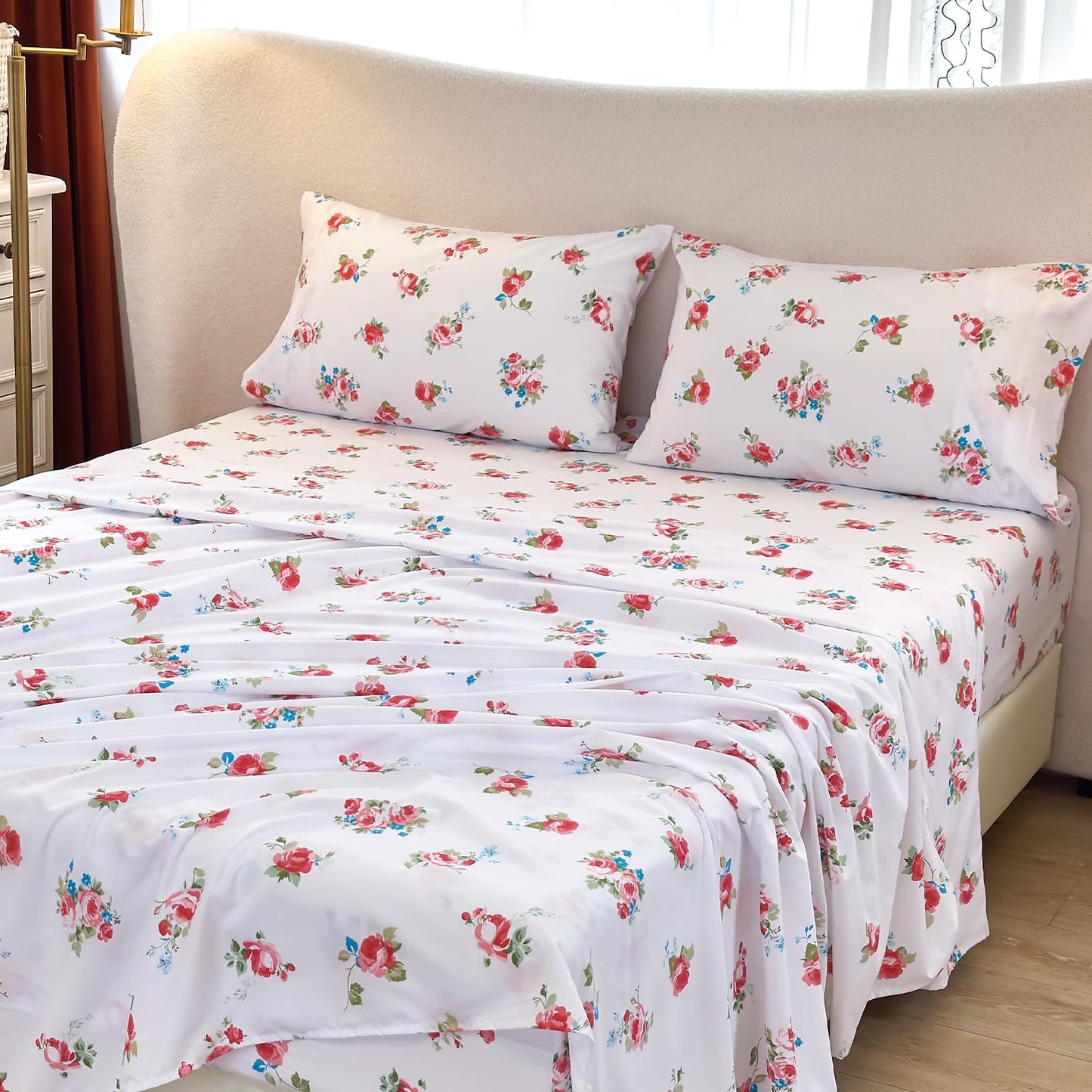 MICORAL Floral Queen Sheet Set, 4-Piece Printed Bed Sheets, 16" Deep Pocket, Ultra Soft & Cooling Sheet, Oeko-TEX Certified, Garden Rose