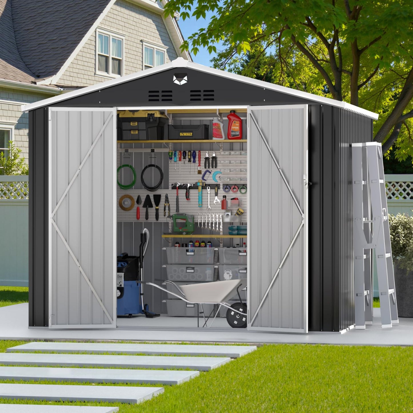 Softkiss 10x8 FT Outdoor Storage Shed, Metal Garden Shed - Tool Storage Sheds with Lockable Doors, Waterproof Outside Storage Building for Backyard, Patio (Black; Floor Not Included)