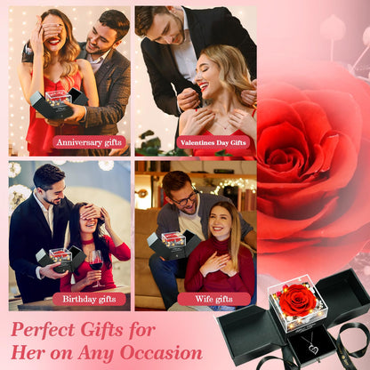 cdco Valentines Day Gifts for Her Women Girlfriend Wife Fiancée - Preserved Real Rose with Heart Necklace “I Love You” in 100 Languages, Valentine's Forever Flowers