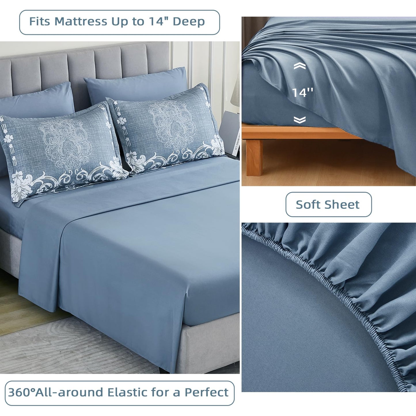 Mybedsoul Bluish Grey Queen Comforter Set, 7 Pieces Boho Bed in a Bag for Queen Bed, Damask Comforter with Sheets Pillowcases, Soft Microfiber Lightweight Bedding Sets for All Season(90"x90")