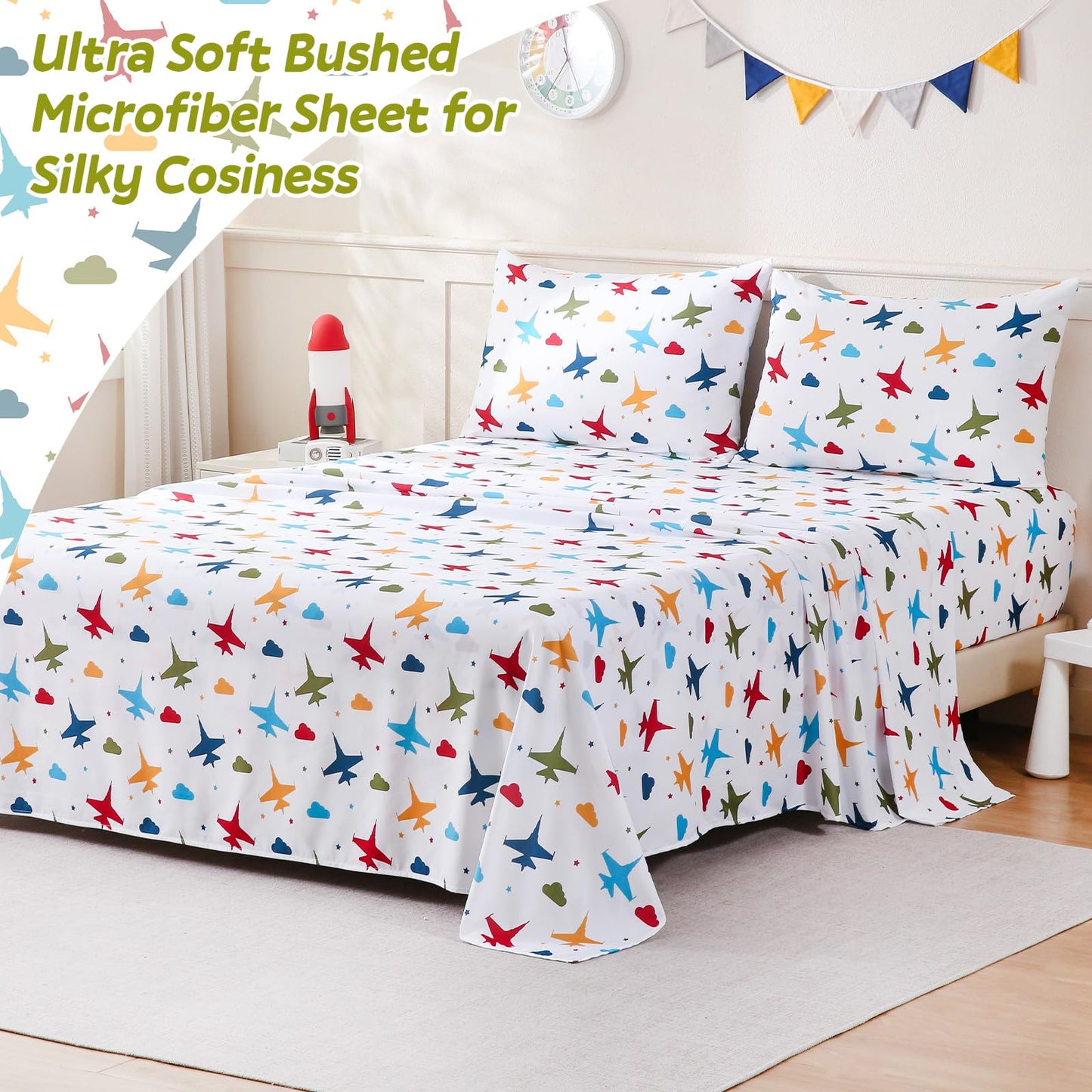 ChicView Twin Sheet Set Kids,3 Pieces Breathable Soft Microfiber Bedsheets for Child Boys Girls, Anti Pilling Deep Pockets Easy Care Bed Sheets, Aircraft