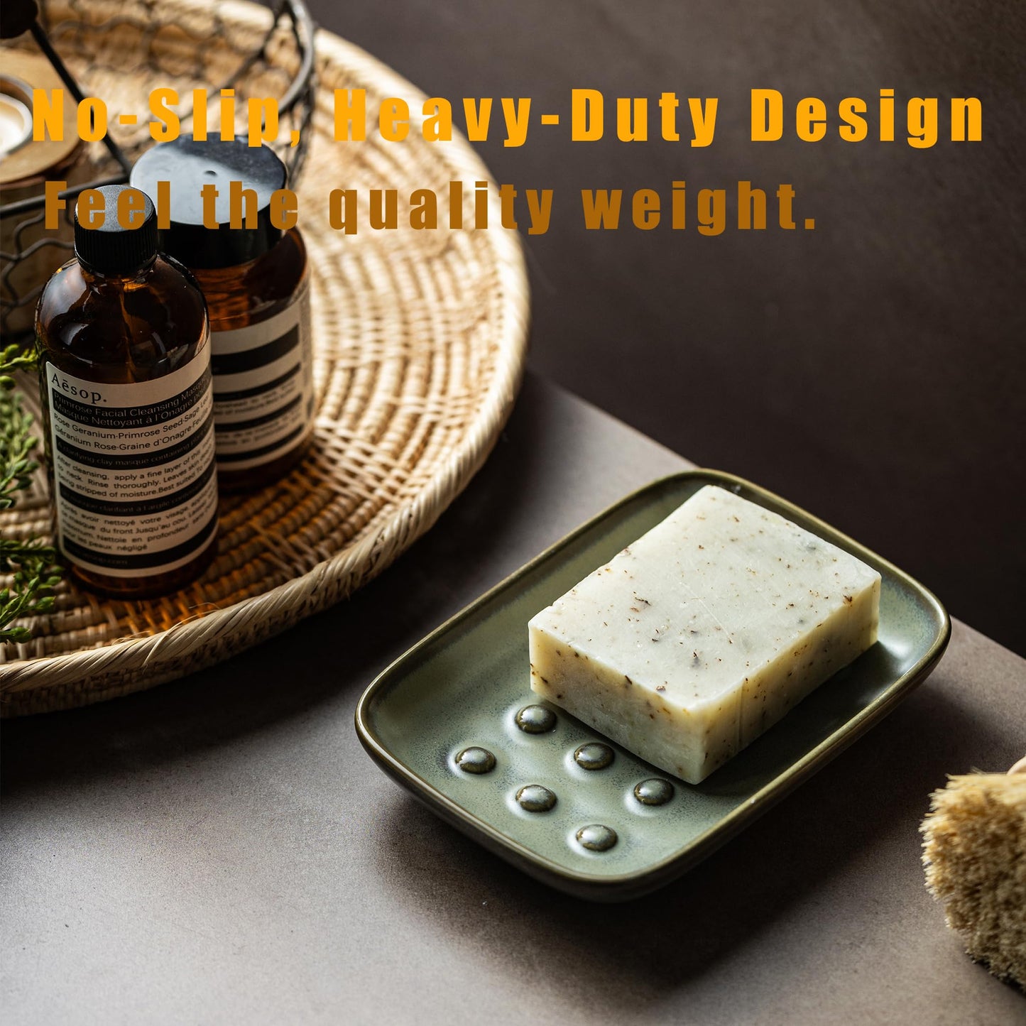 Miamolo Ceramic Soap Dish for Shower, Non-Slip Bar Soap Saver Tray Bar for Bathroom Kitchen Sink Bathtub, Easy to Clean, Dishwasher Safe, Raised Pattern - Keep Soap Dry, Dark Green