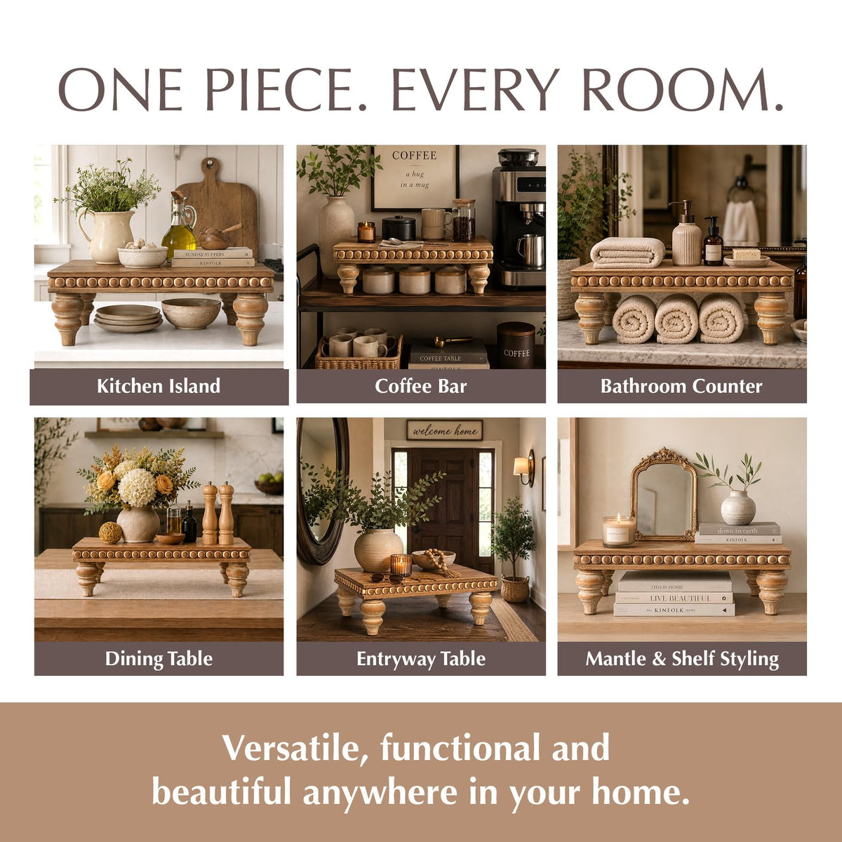 Felt Creative Home Goods Decorative Wood Risers for Decor | Tiered Tray Stand | Farmhouse Beaded Riser Stand for Decor | Wooden Pedestal Stand Large 12x16 Beaded Tray for Kitchen Coffee Bar (Brown)