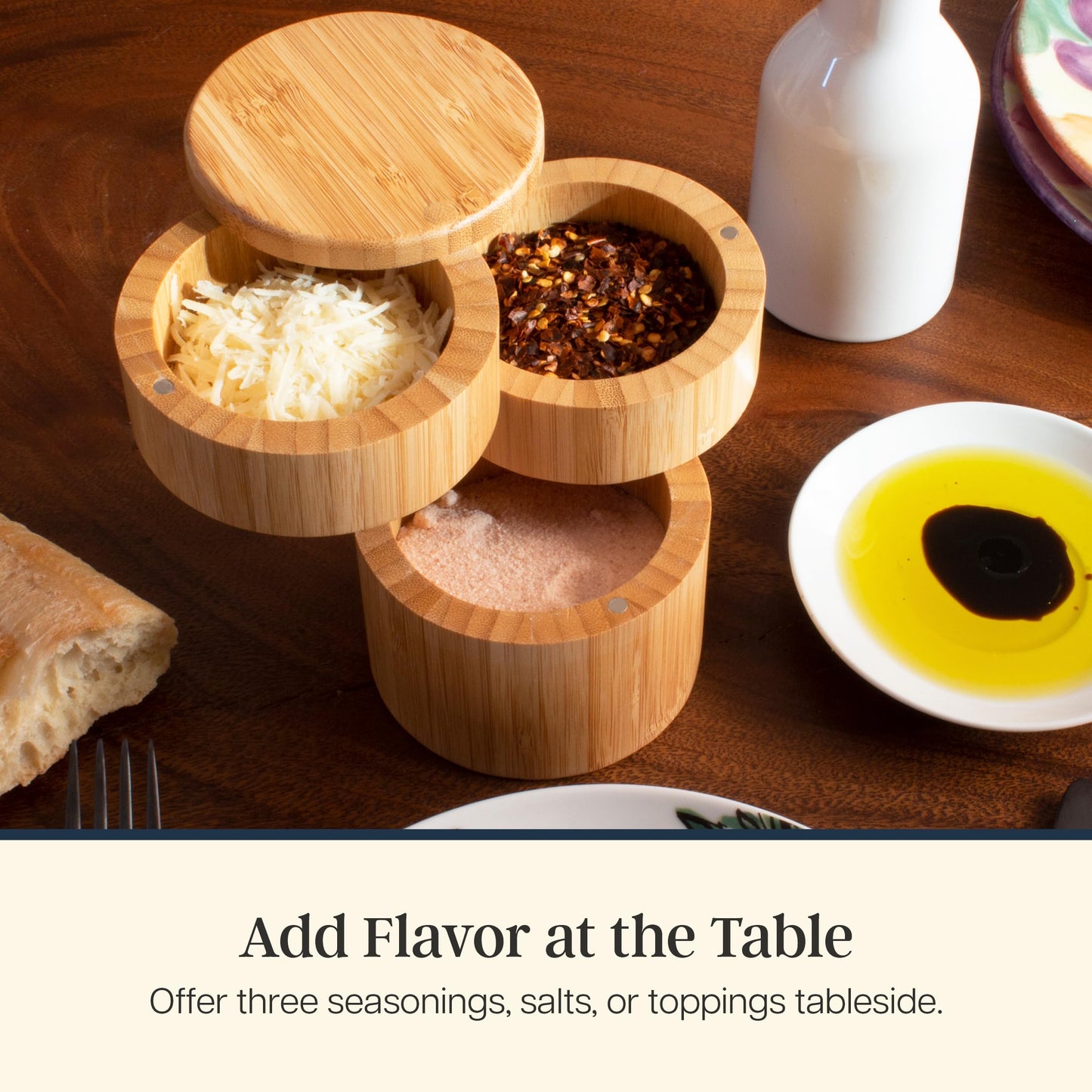 Totally Bamboo Triple Salt Cellar, 3 Tier Bamboo Salt and Pepper Container with Magnetic Swivel Lids, Seasoning Box for Herbs and Spices, 1⅓ Cup