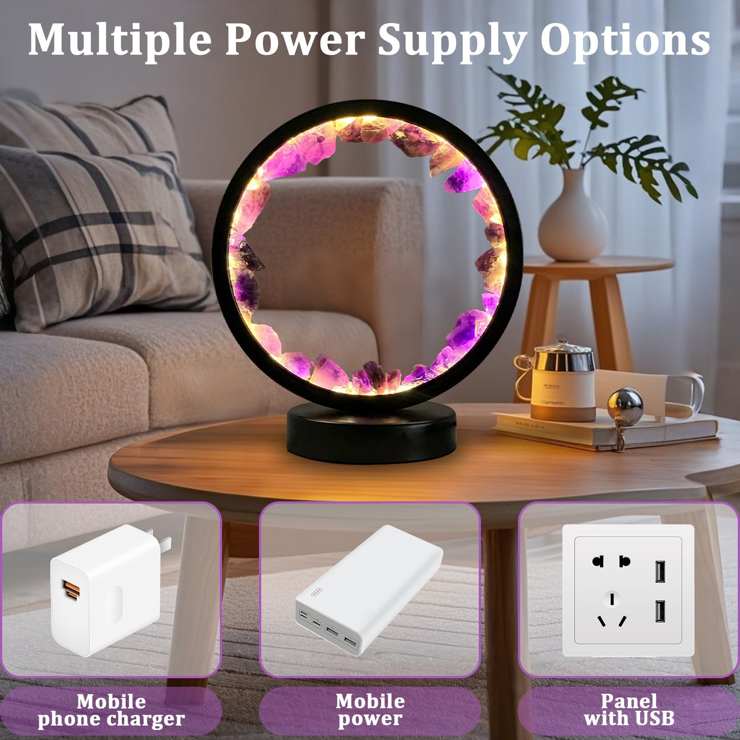 Crystals Night Light Amethyst Table Lamp,Natural Raw Amethyst Selenite Calming Lamps Crystal Healing Stone Bedside Light with 3 Color Dimming Mode,Nightlight for Office Mother's Day Birthday Gifts