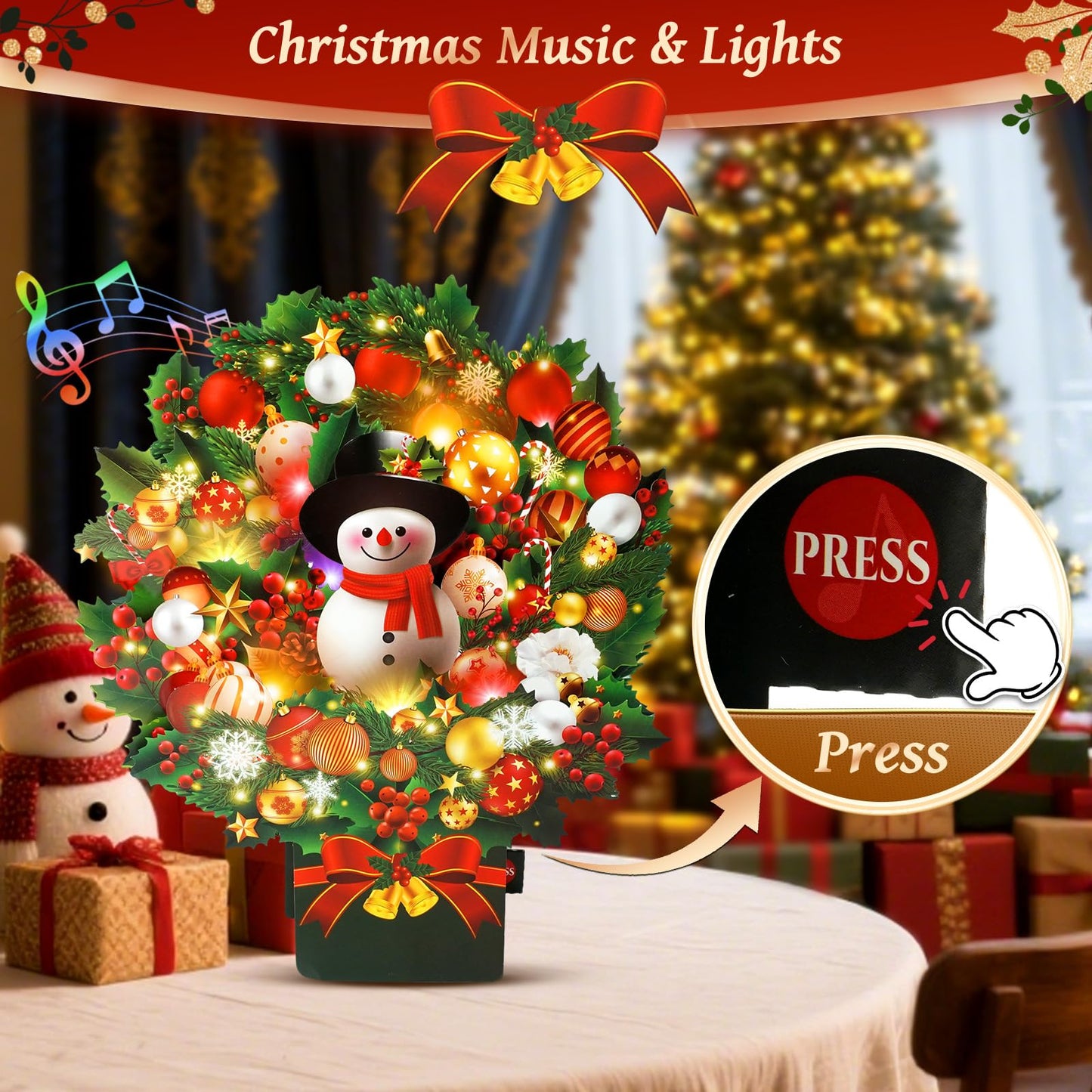 APOTODITO Christmas Cards with Lights and Music, Christmas Bouquet with Snowman, Popup Musical Greeting Card for Holiday New Year