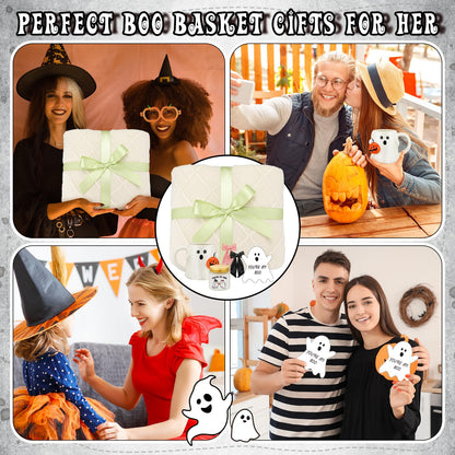 Mimorou Halloween Boo Basket Gifts for Adults Women Halloween Basket Stuffer with Ghost Mug Knitted Tassel Blanket Boo Scented Candle Gifts for Friends Women Family
