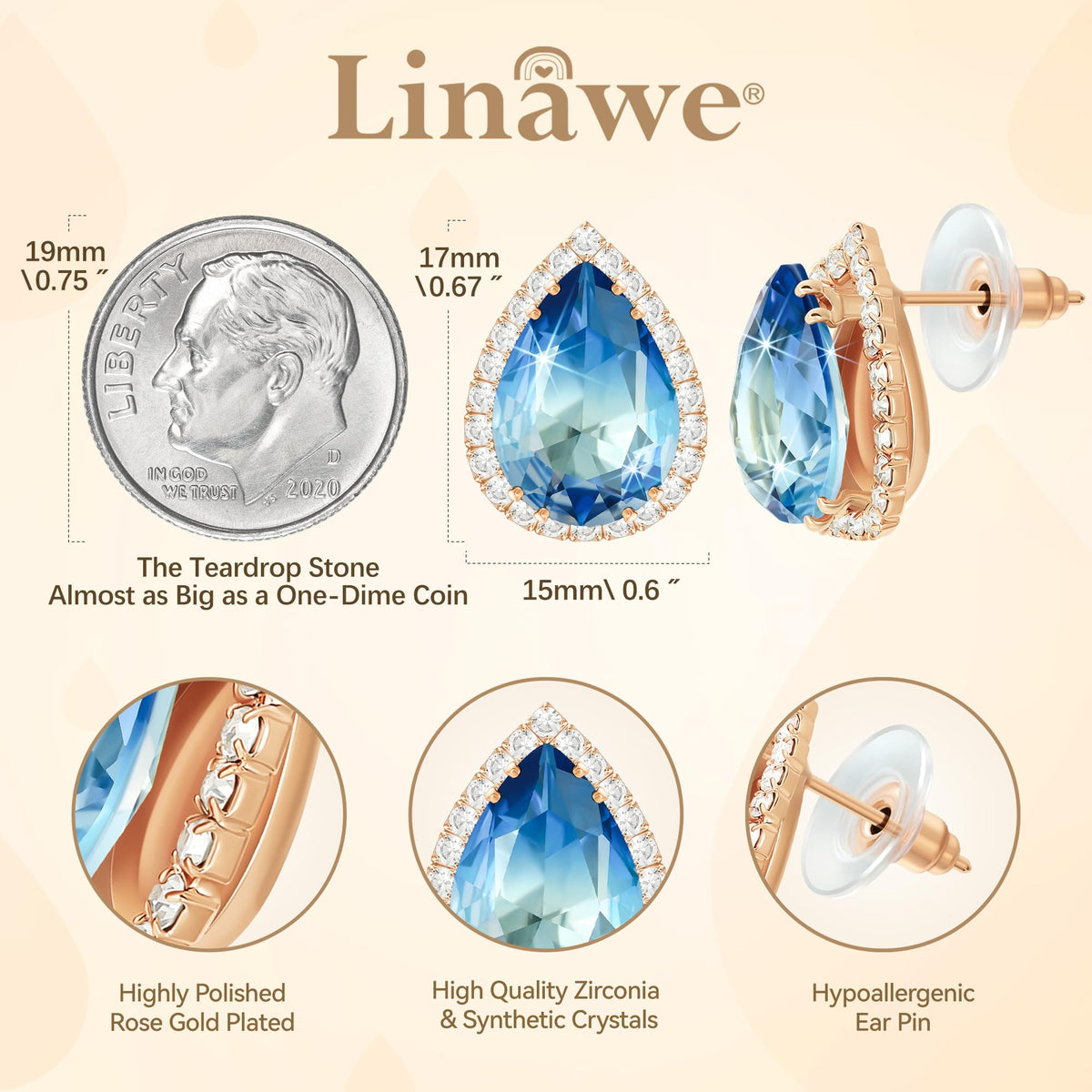 Linawe Aquamarine Stud Earrings for Women, Blue Cubic Zirconia Earrings Studs, Rose Gold Imitation Diamond Rhinestone Crystal Iridescent Teardrop Earrings Piercing Jewelry