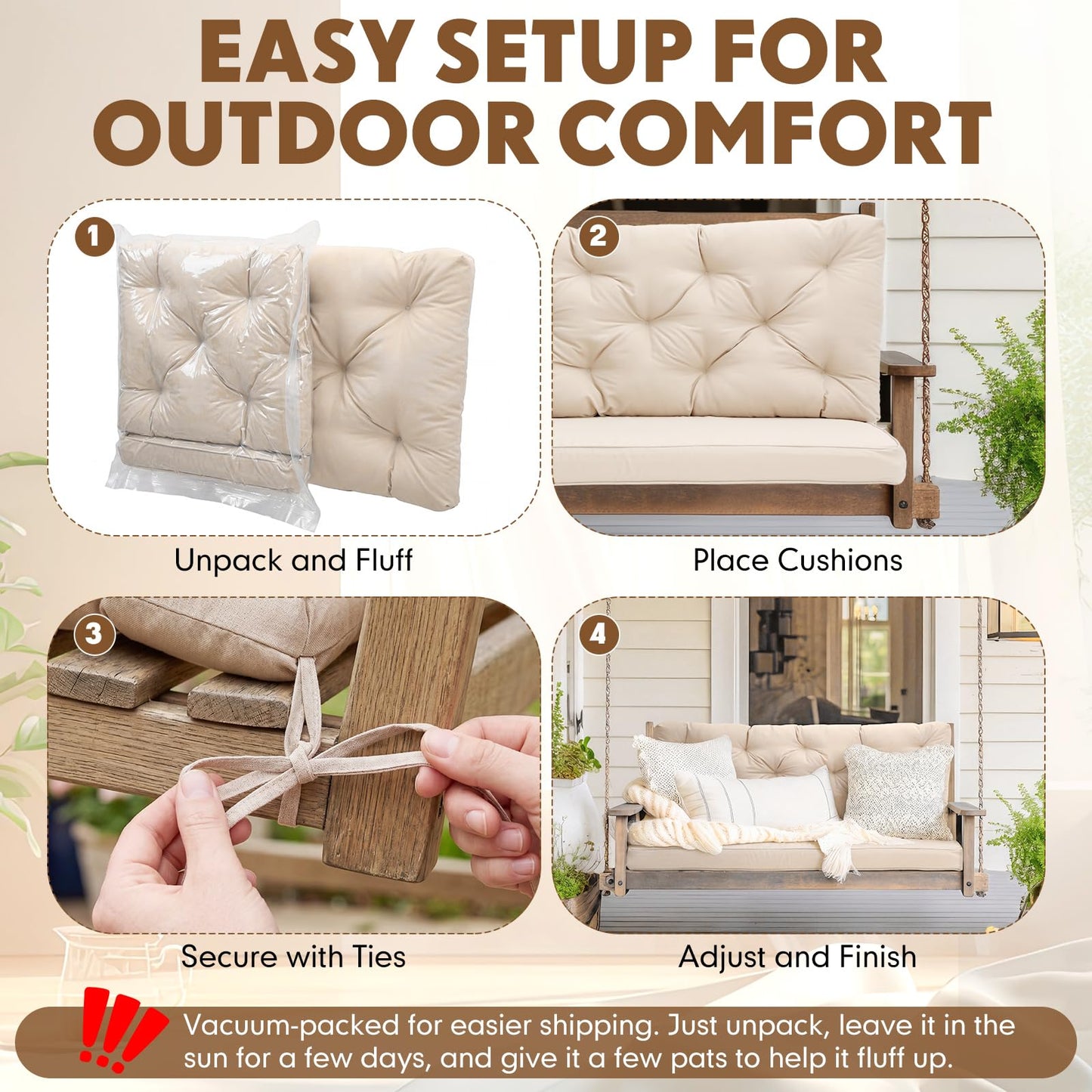 Wenqik 2-3 Seater Porch Swing Cushions with Backrest 60 x 40 x 4 Inch Thick Outdoor Waterproof Bench Pad Patio Swing Replacement Cushion, Split Design, Soft for Garden, Lawn, Backyard (Khaki)