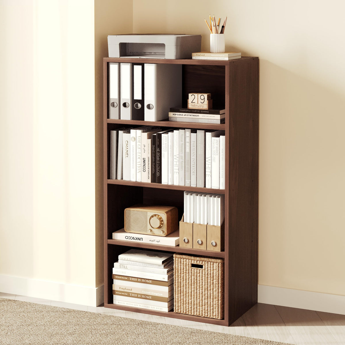 ELYUP Basic Open Shelf Bookcase – 4-Tier Extra Deep Wooden Bookshelf, Storage Shelves with 11-Inch Depth, Black Walnut