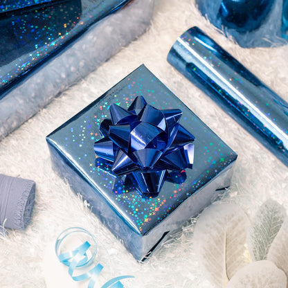 Flyhill Blue Holographic Wrapping Paper Roll, Metallic Holographic Shinning Galaxy Star Gift Wrap for Father‘s Day,Wedding,Birthday - Mini Roll 17inch*32.8ft
