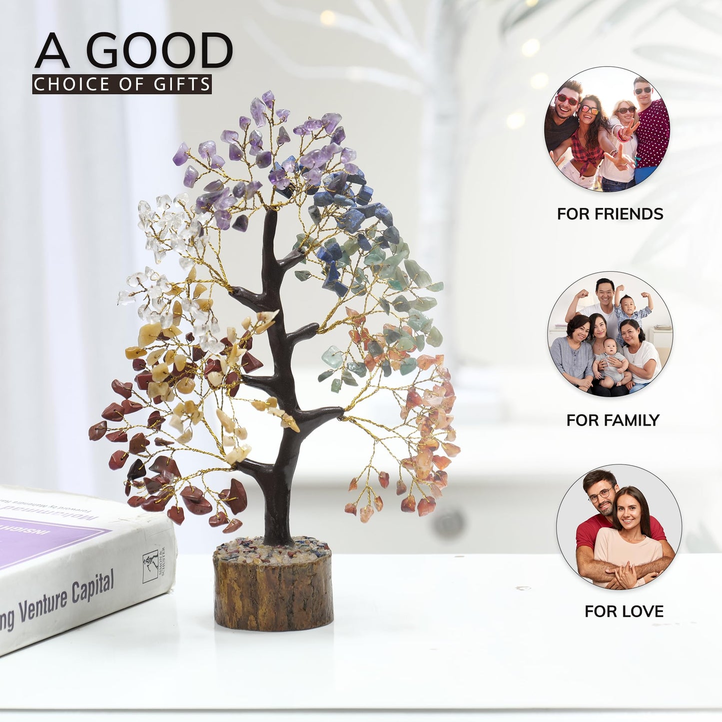 YATHABI 7 Chakra Tree of Life Decor - Crystal Tree - Feng Shui Decor - Crystal Bonsai Tree - Gem Tree - Gemstone and Crystals - Spiritual Tree - Chakra Stones - Crystal Gifts - Birthday Gift for Women