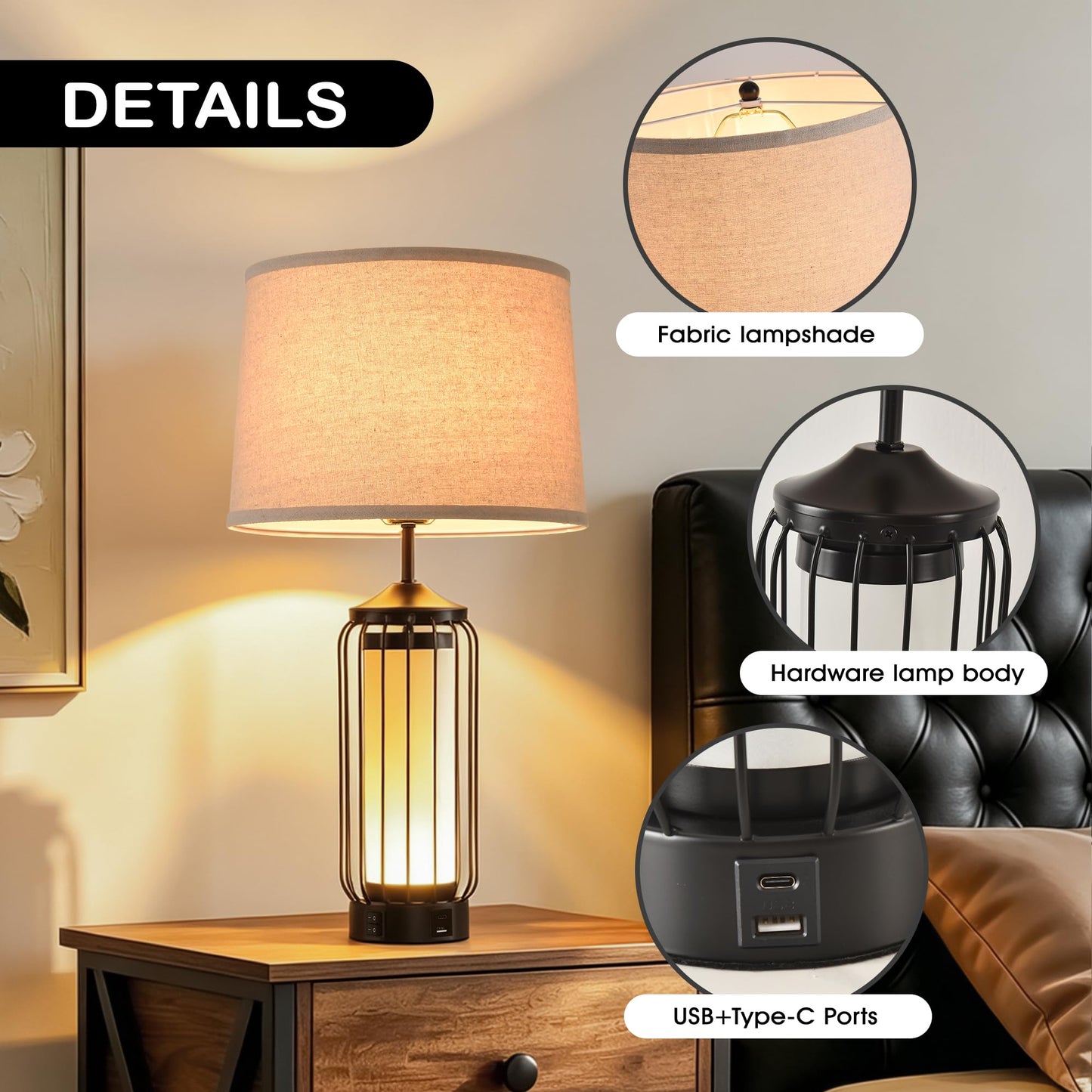 WELAISA-2 Pack Farmhouse Table Lamps for Living Room, Rustic Nightstand Lamp for Bedroom with USB A+C Charging Ports, Frosted Glass Bedside Lamp with Night Light for Entryway End Table