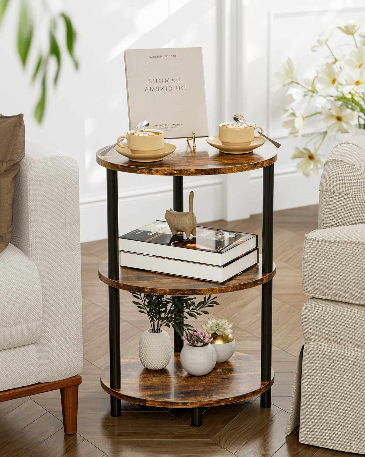RISWER Round Small End Table - 3 Tier Oval Accent Table for Small Spaces, Rustic Wood and Metal Couch Side Table, Nightstand for Bedroom or End Table Living Room, Easy to Assemble, Rustic Brown