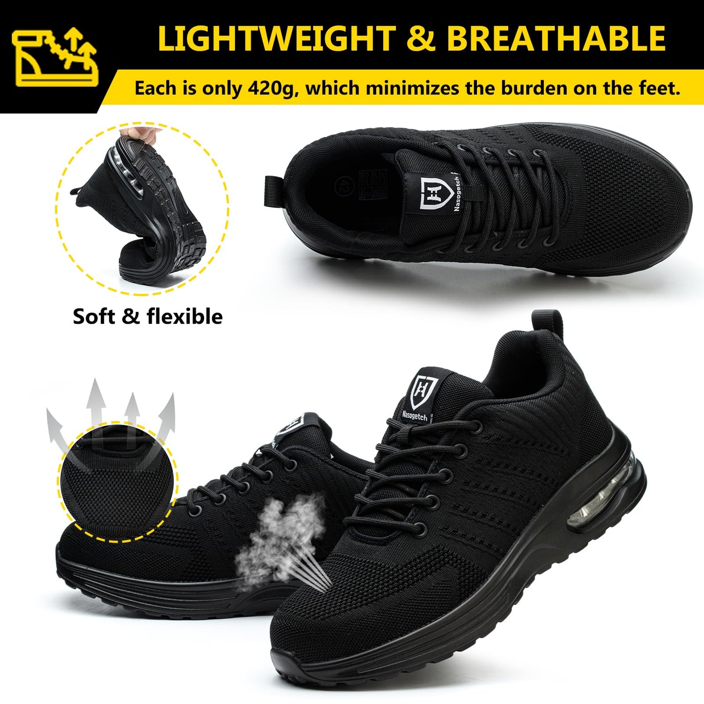 Baofular Safety Trainers Men Womens Steel Toe Trainers Lightweight Comfortable Safety Shoes Work Trainers Non Slip & Breathable Black 9 UK 43 EU 265