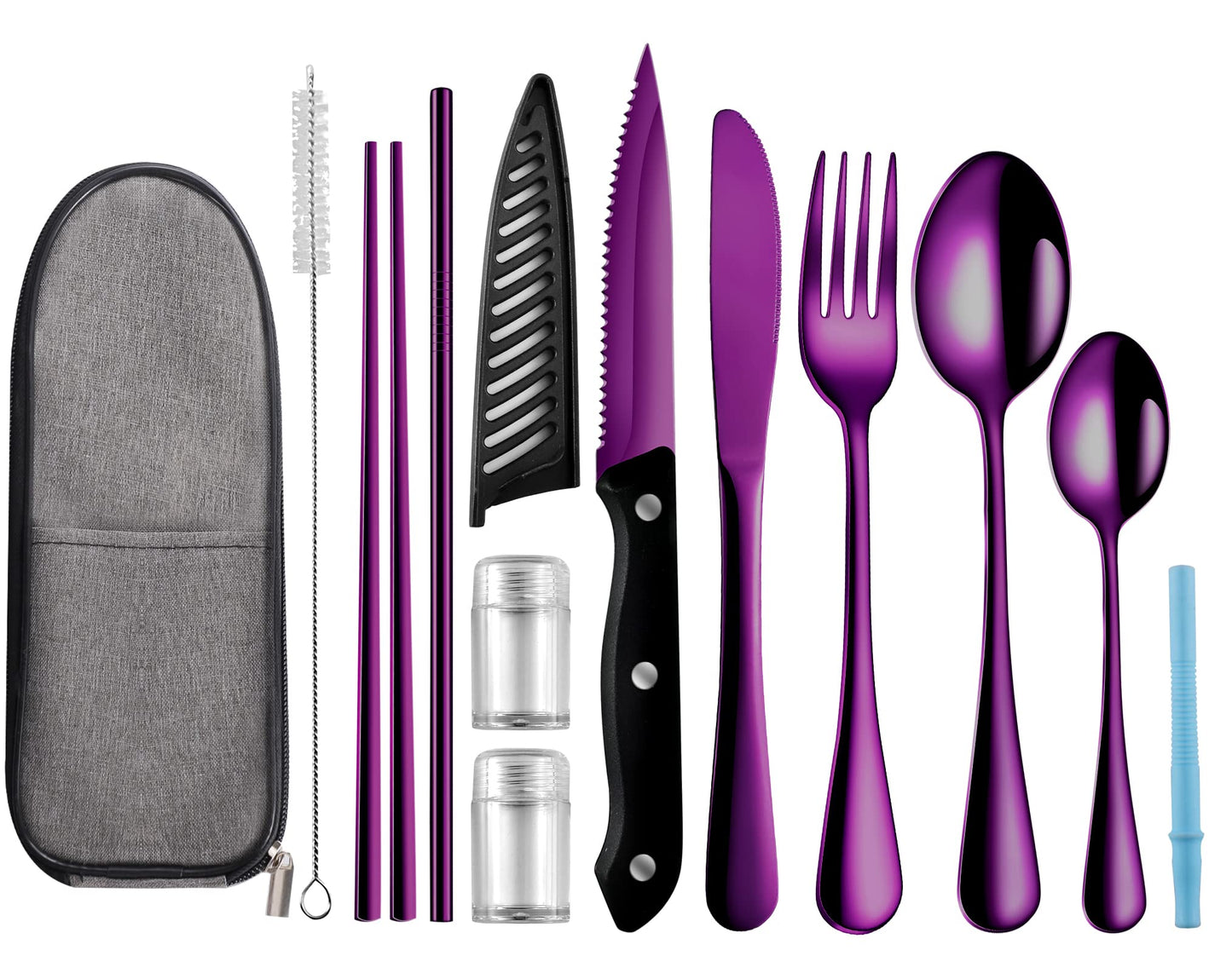 Logcow Travel Utensils Set with Case, 10-Piece Reusable Stainless Steel Camping Cutlery, Portable Fork Spoon Knife Chopsticks & Straw for Work, Lunch, Picnic (Purple)
