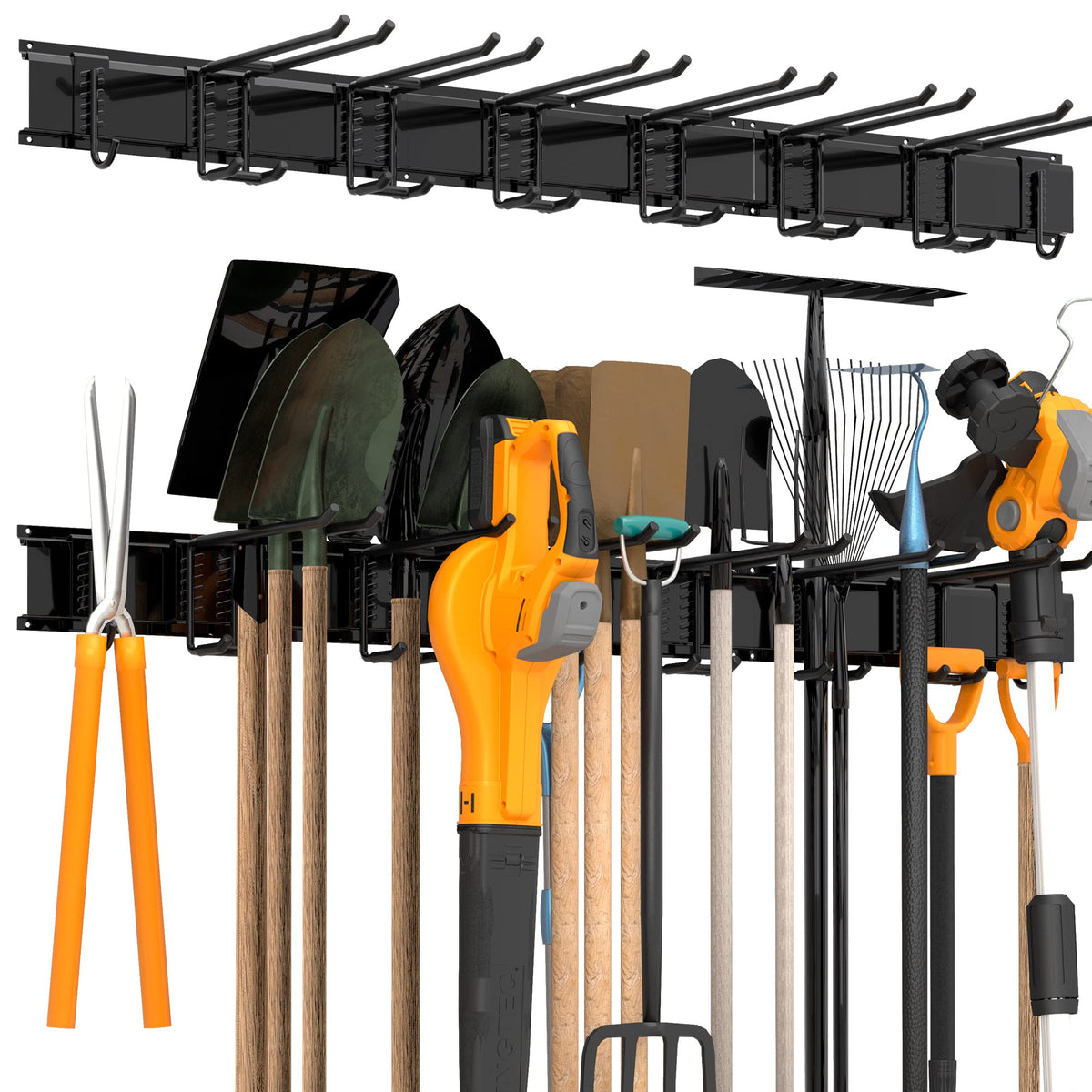 Sttoraboks Garage Wall Organizer, Heavy Duty Tool Hangers for Garage Wall with 8 Double Hooks & 3 Rails, Tool Organizer Wall Mount, Garage Hanging Storage Rack for Shovel, Rake, Broom and Ski Gear