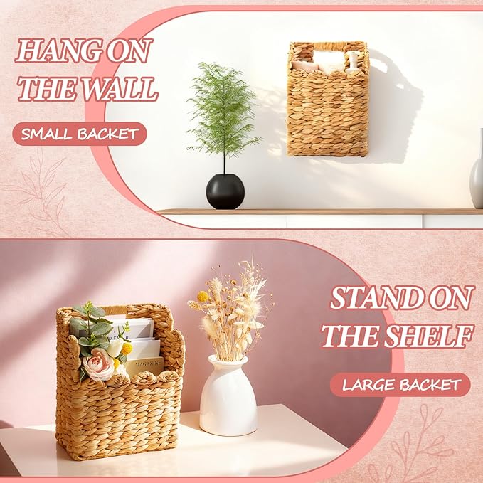 LemonRoad Wall Hanging Wicker Basket Set of 2, Handwoven Water Hyacinth Basket
