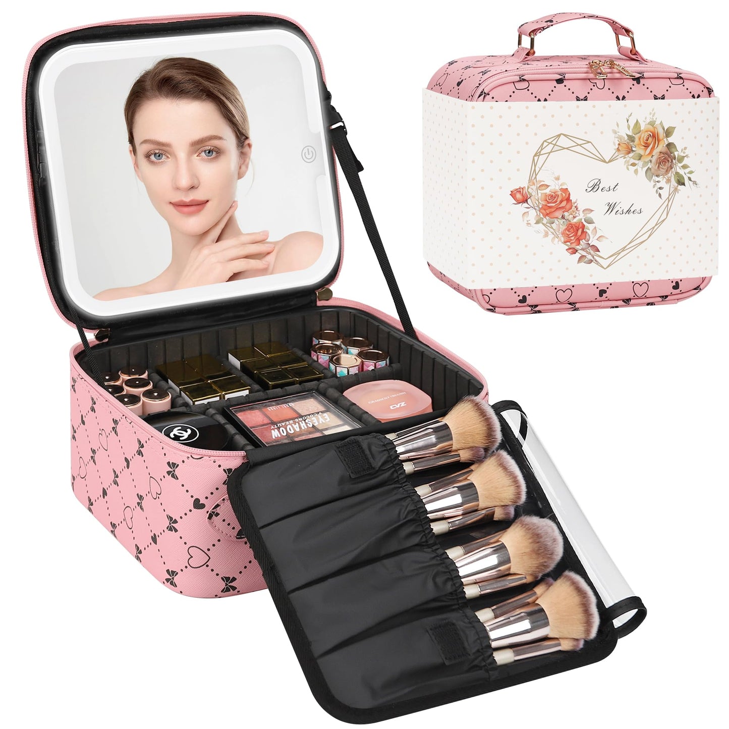 Relavel Travel Makeup Bag With LED Mirror, Cosmetic Train Case with Light up Mirror, Portable Makeup Artist Organizer Bag with Adjustable Dividers, Makeup Brush Holder Storage, Black