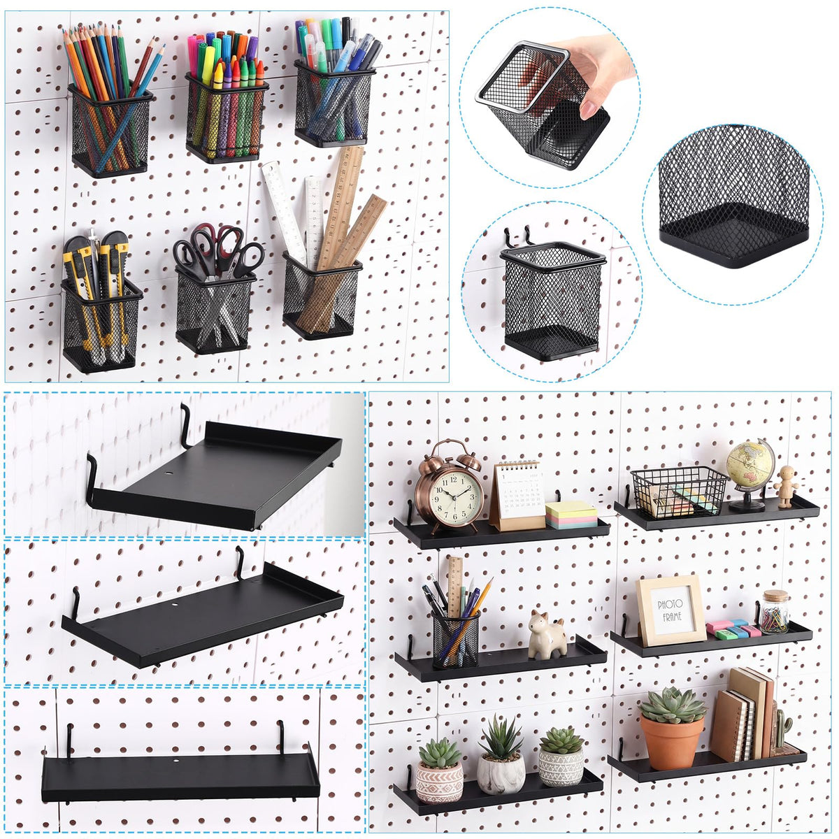 Tosstuki 12 Pack Pegboard Organizer Accessories - 6 Pegboard Pencil Cups Holder Peg Board - 6 Shelves Metal Shelf Brackets - Tools Storage Arrange System Kit for Office Garage Room