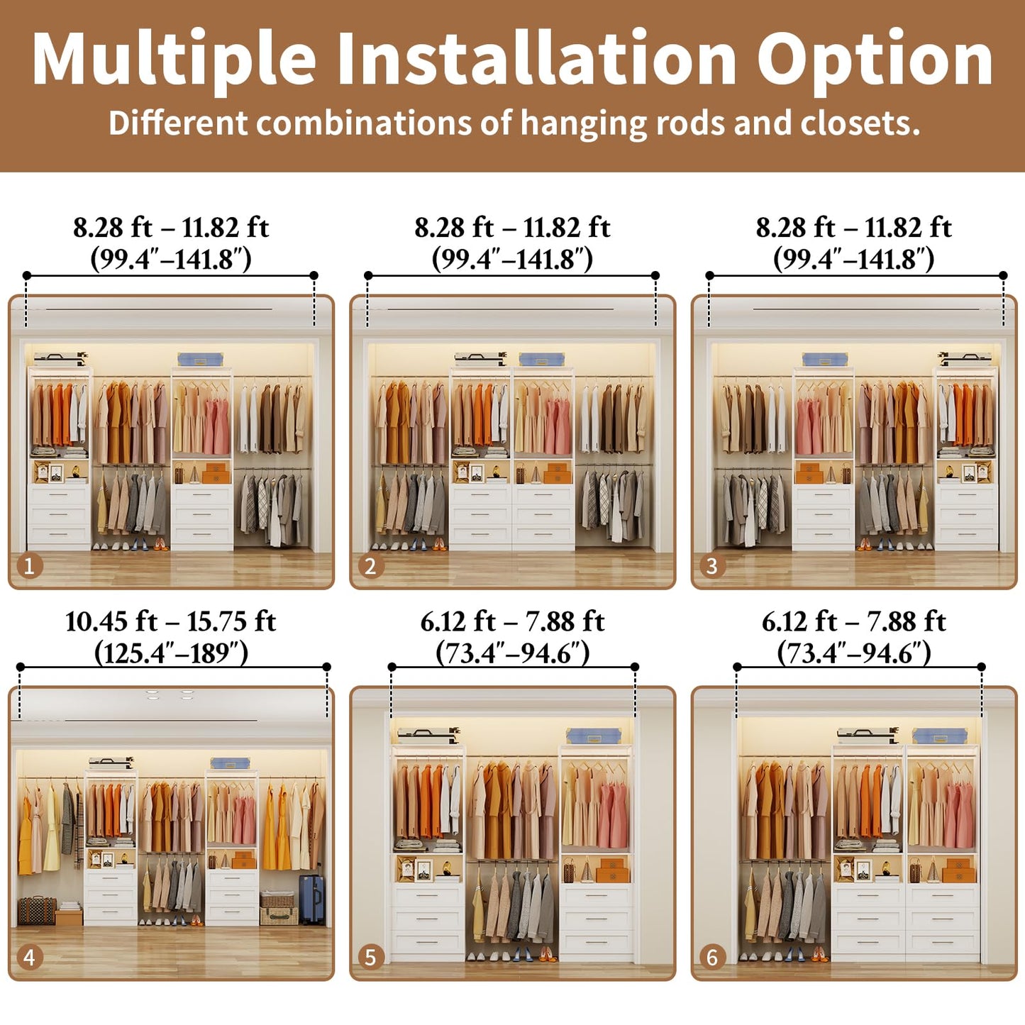 Closet System with 6 Drawers, 4FT-15FT 2-Piece Closet System, Walk in Closet System Organizer, Modular Closet System with 10 Adjustable Hanging Rods & Shelves, Closet Storage System for Bedroom, White