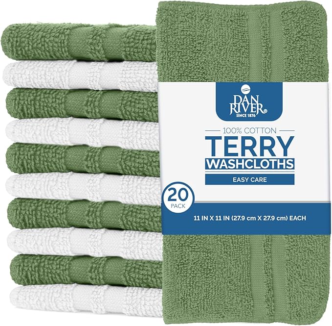 DAN RIVER 100% Cotton Washcloths 20 Pack Premium Quality Face and Body Cloth