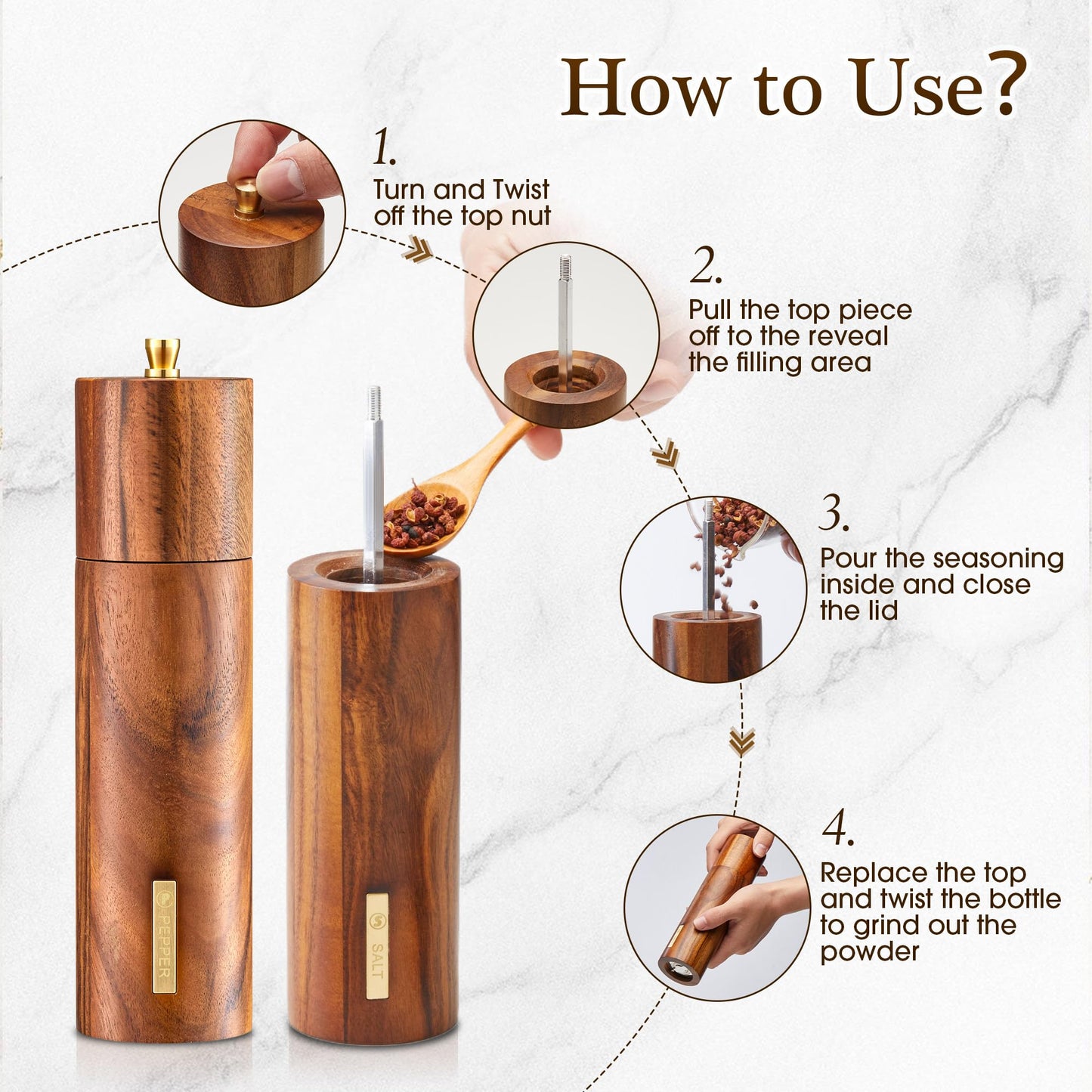 2 Pack Acacia Wooden Salt and Pepper Grinder Set with Gold Label, Premium 8 Inches salt and pepper shakers, Manual Wood Grinders with Adjustable Coarseness Ceramic Core, Ideal for Kitchen Home Gift
