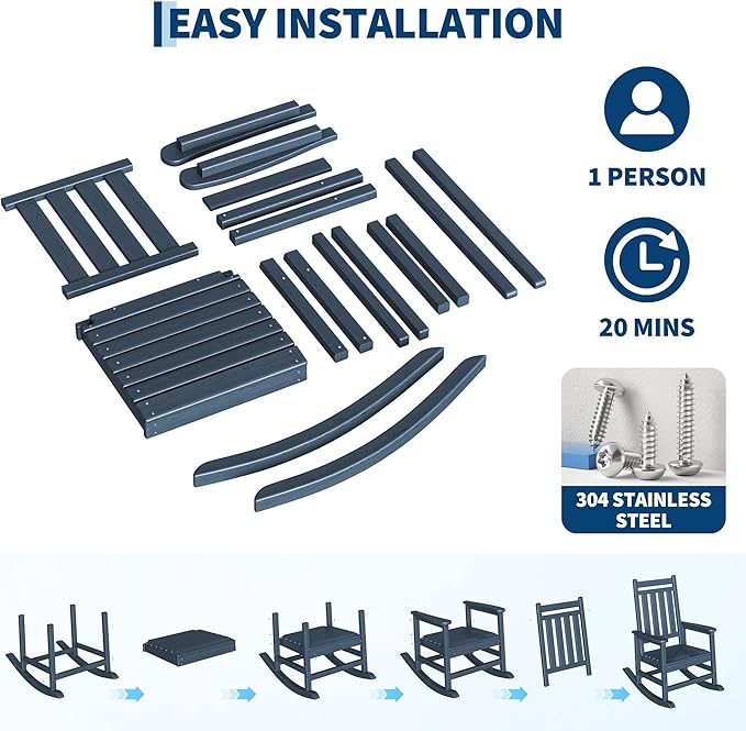 HDPE Rocking Chair Outdoor Set of 2 - Poly High Back Porch Rocker Chairs for Adults - All Weather Resistant Furniture for Patio Front Porch - Navy Blue