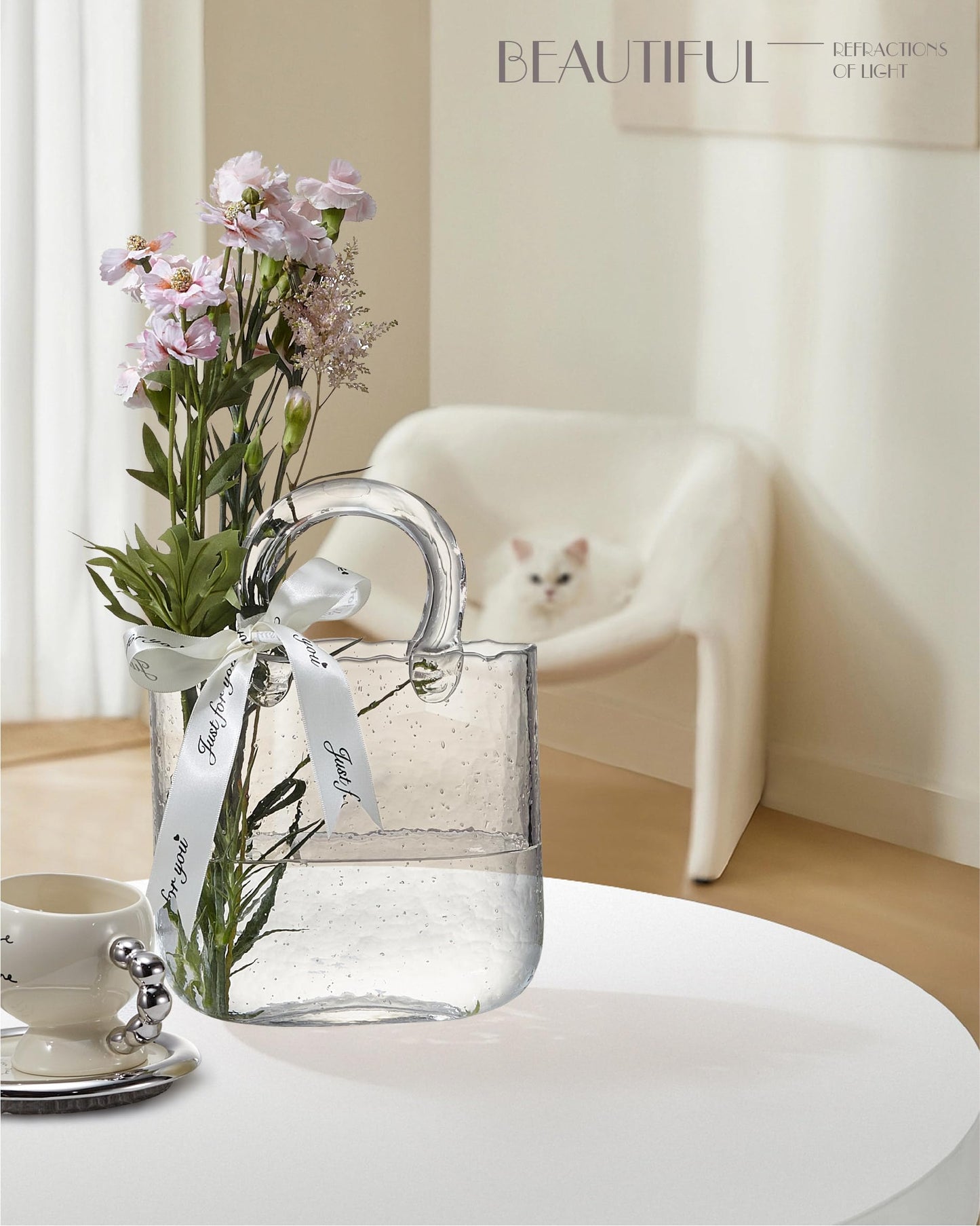 Lei-JG Thickened Glass Purse Vase for Flowers Gift Set-(Handmade 5mm Crystal-Unique Cute Clear Bag Vase with Reinforced Gift Box, Premium Table Centerpiece for Wedding/Mothers Day (Transparent