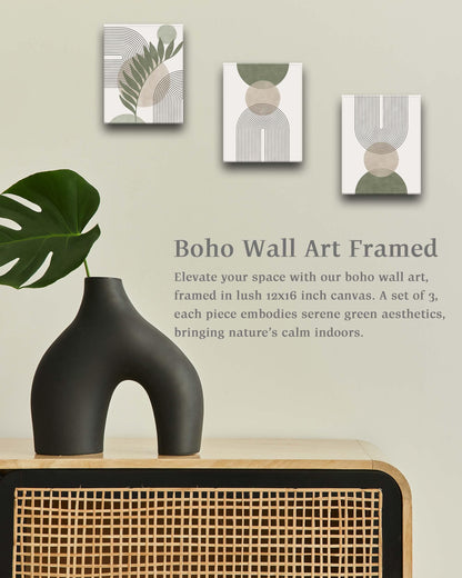 HesenDot Sage Green Boho Framed Wall Art,30x40CM Canvas Posters Prints,Minimalist Wall Decor,Mid-Century Modern Abstract Printing for Living Room Bedroom Bathroom Office,Set of 3