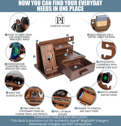 Parkway Home Wood Phone Docking Station with Drawer, Compatible with Apple Watch - Wood Charging Station Organizer Stand, Bedside Nightstand Organizer for Men, Holds Phone, Tablet, Keys, Glasses, EDC