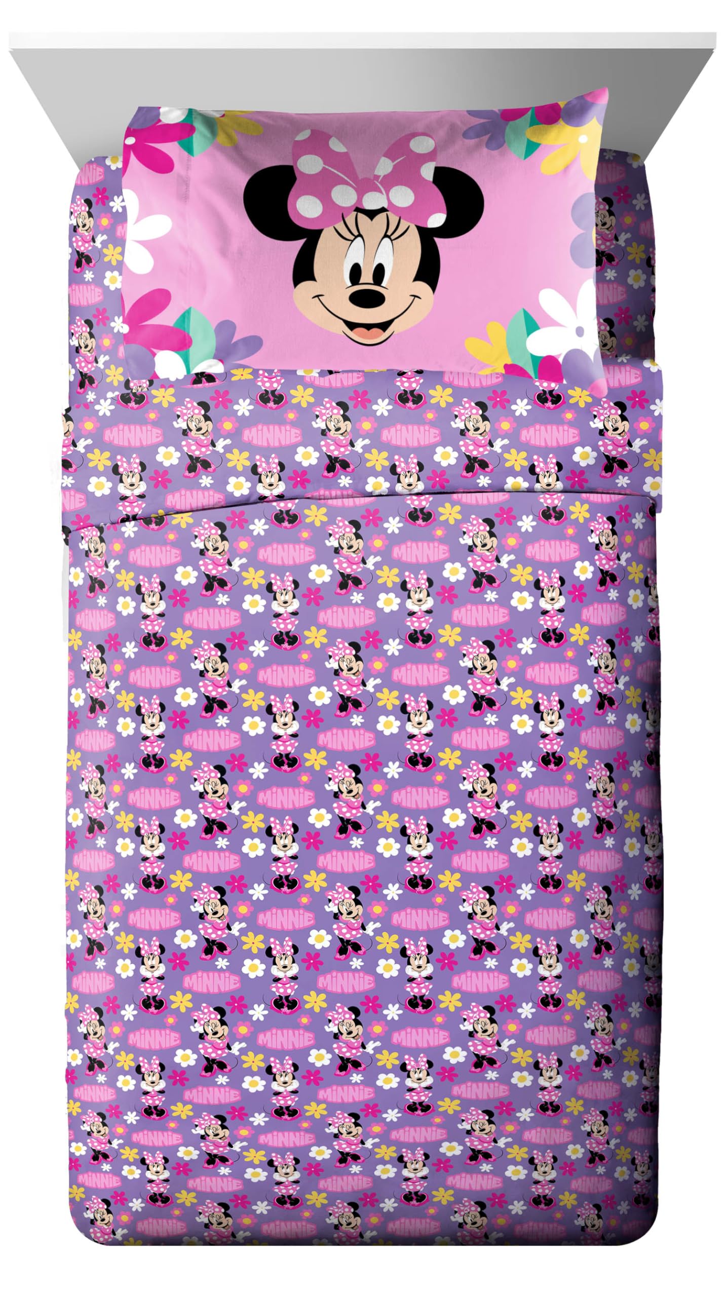 Disney Minnie Mouse 5 Piece Twin Bed in a Bag - Kids Comforter Set with Sheets & Sham, Super Soft Fade Resistant Brushed Microfiber, Machine Washable Girls Bedding, Pink (Official Disney Product)