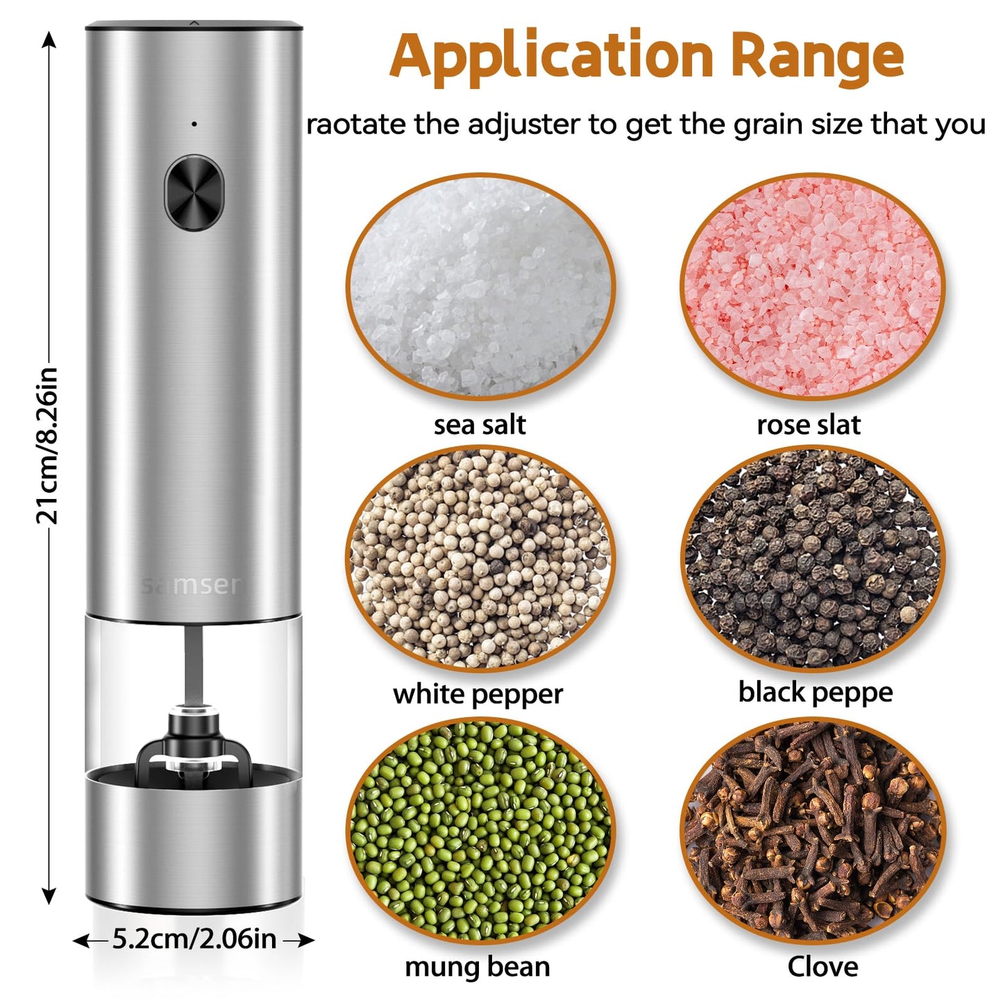 Electric Pepper Grinder & Salt Mill - Battery Operated Stainless Steel Body with Transparent Container LED Light One-Hand Operation Push-Button Switch Adjustable Coarseness Easy Refill & Clean