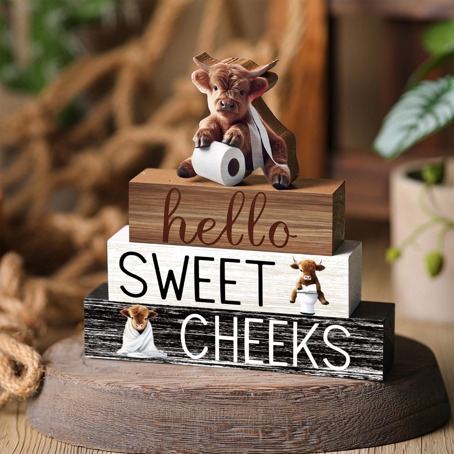 Cinnvoice 4 Pcs Highland Cow Bathroom Decor Farmhouse Bathroom Decoration Western Hello Sweet Cheeks Table Centerpiece Gift for Christmas Valentines Back to School