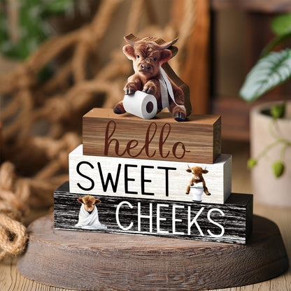 Cinnvoice 4 Pcs Highland Cow Bathroom Decor Farmhouse Bathroom Decoration Western Hello Sweet Cheeks Table Centerpiece Gift for Christmas Valentines Back to School