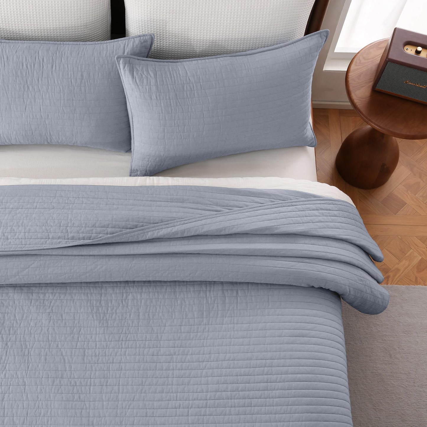 FDDX 100% Cotton Quilt Set Queen Size - Soft Lightweight Stripe Bedding Set, Classic Comforter Set for All Season with 2 Shams, Oversized Bedspread Coverlet, 90x98 inches
