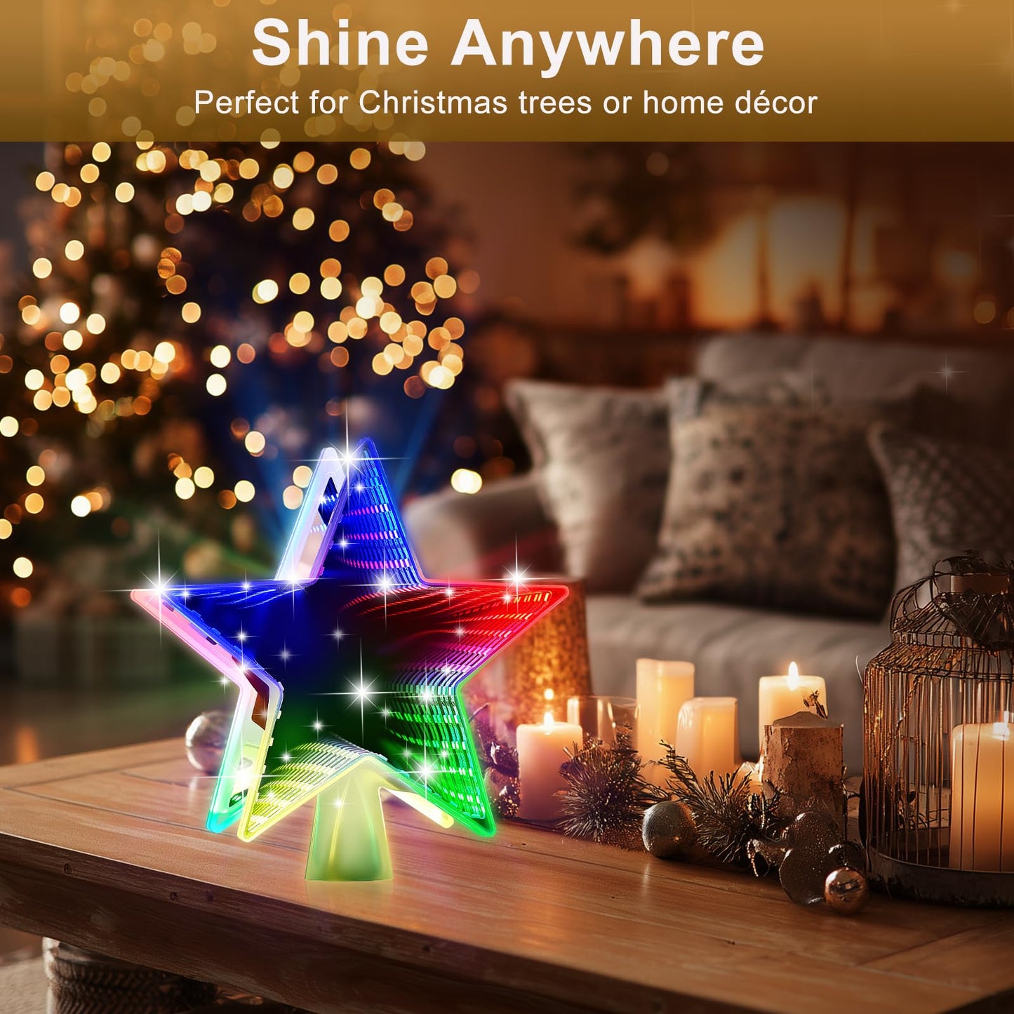 Patiobay Christmas Tree Topper Star, Double Sided Tunnel Mirror 10 Inch 12 Lighting Modes, Built-in 6 Projected Patterns, 3D Glitter LED Rotating Lights for Party Holiday Xmas Decorations Gifts