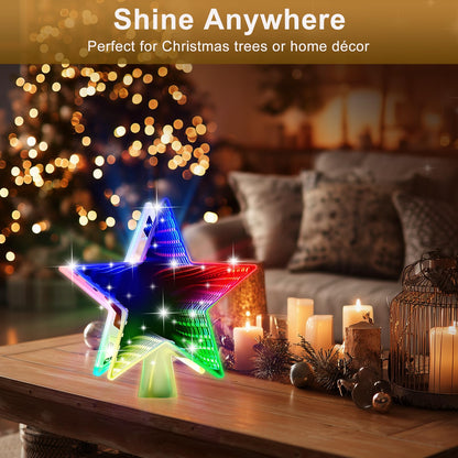 Patiobay Christmas Tree Topper Star, Double Sided Tunnel Mirror 10 Inch 12 Lighting Modes, Built-in 6 Projected Patterns, 3D Glitter LED Rotating Lights for Party Holiday Xmas Decorations Gifts
