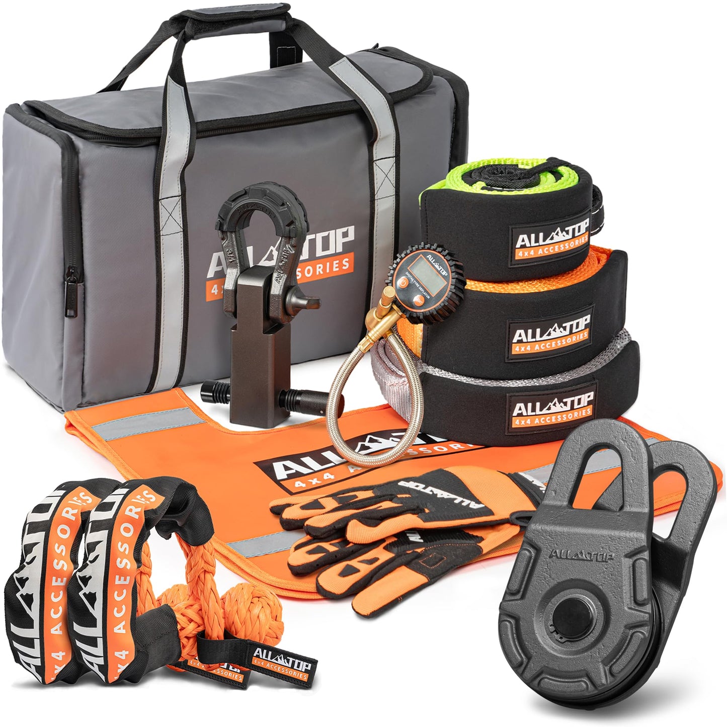ALL-TOP Recovery Pack Extreme 11in1: Water-Resist Offroad Gear Bag with Recovery Strap Kit(3), Damper, 2 Soft Shackles, SK Hitch Mount, Forged Pulley, Deflator & Gloves