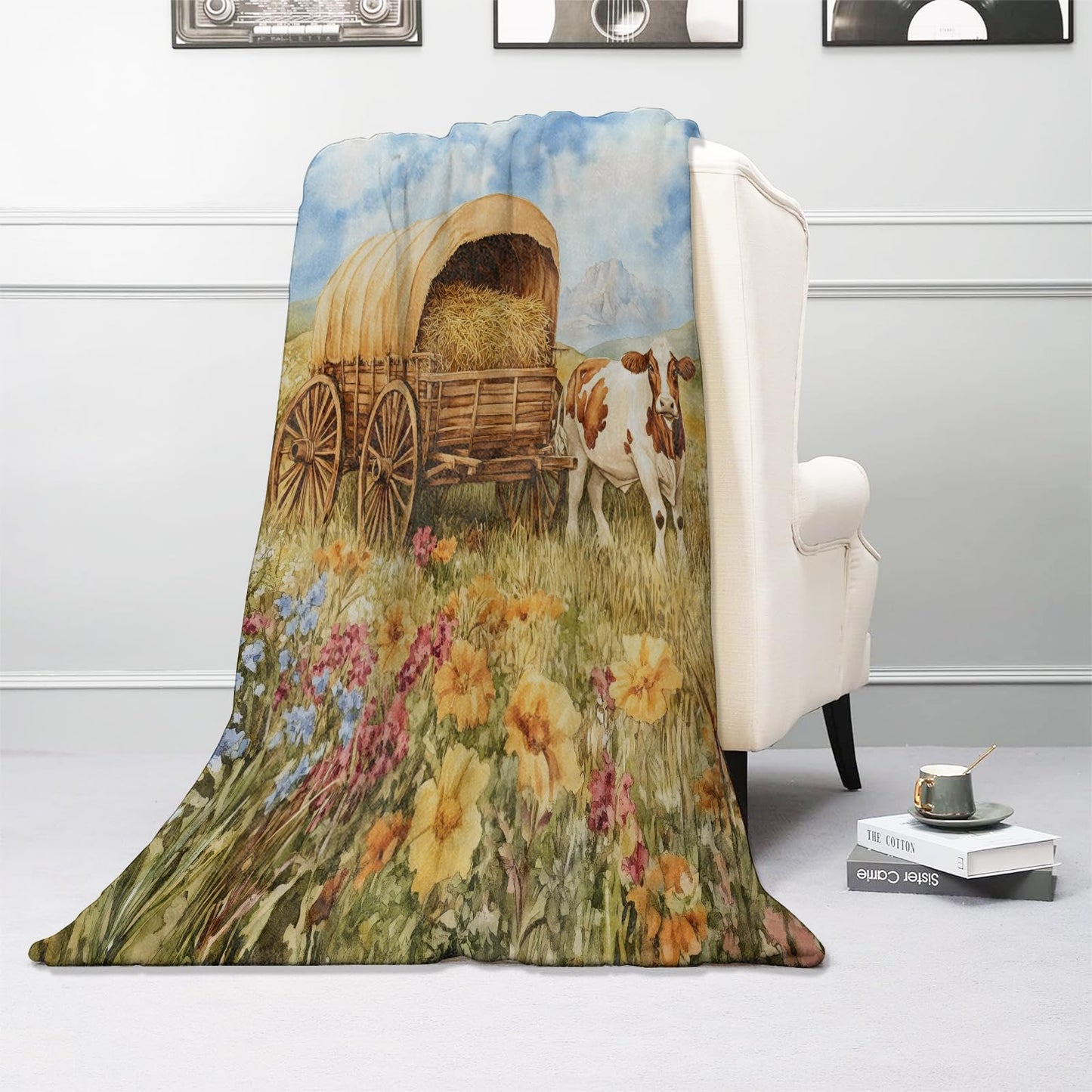 Kibue Cow Blanket, Warm Cozy Flannel Throw with Flower and Country Farm, Soft Lightweight Blankets for Travel, Sofa, Bedroom, Office, Rustic Pastoral Home Decor Gifts for Adults Women 60"×50"