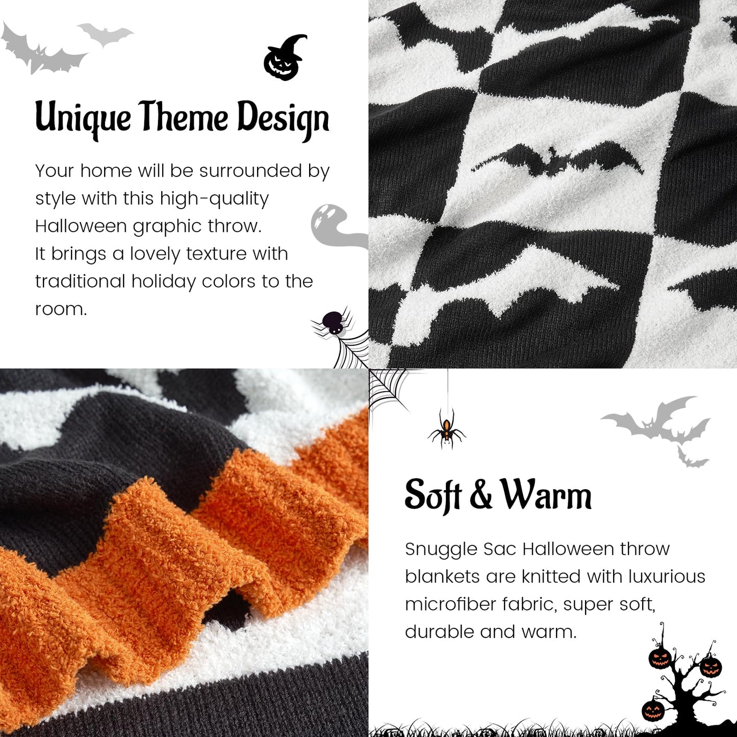 Snuggle Sac Halloween Throw Blanket Black White Checkered Bat Blanket, Halloween Throw Blanket for Couch 50x60 inches, Ultra Soft Decorative Blanket
