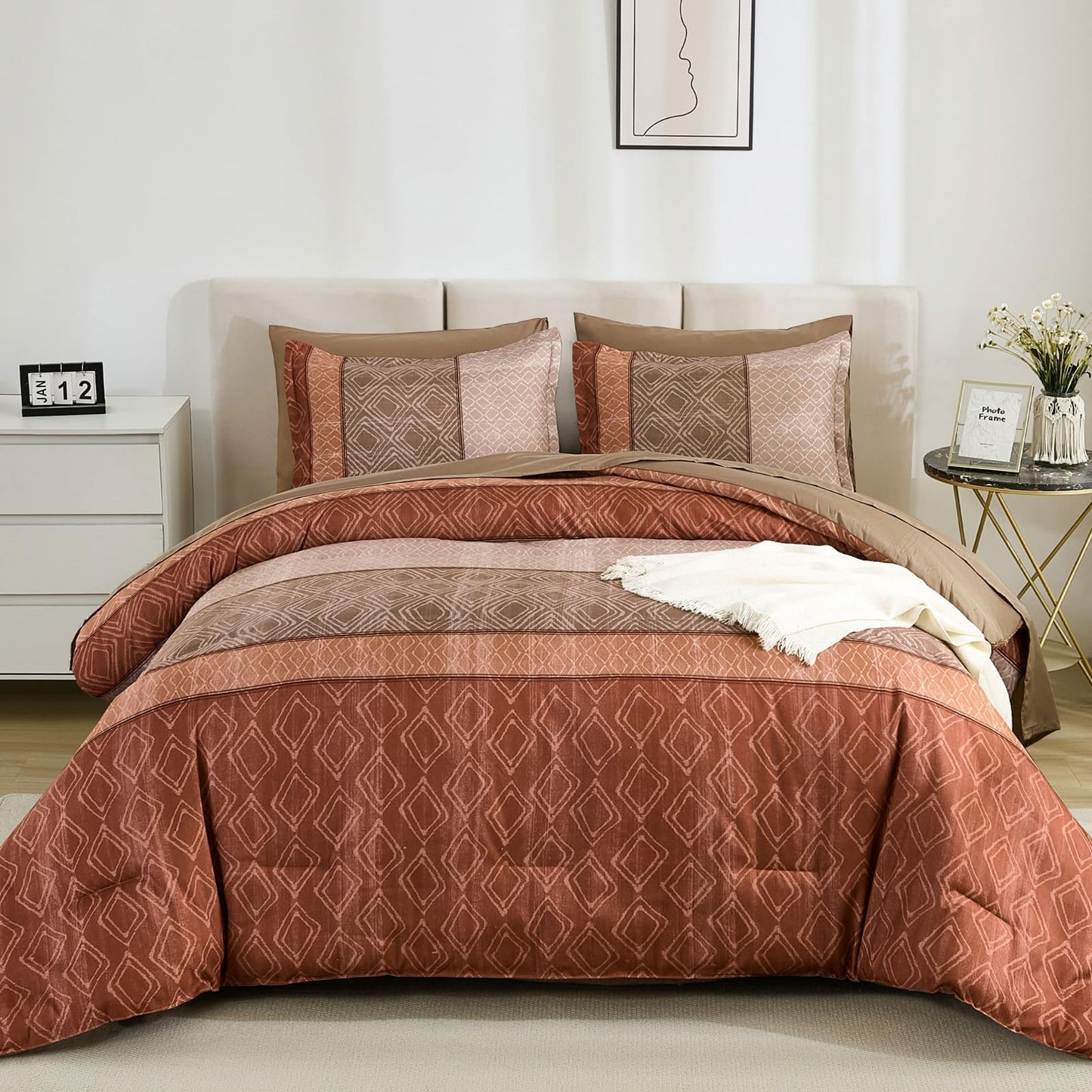 Dinjoy Boho Queen Comforter Set Red Brown,Lighrweight 7 Piece Bed in a Bag Queen Size Warm Striped Bedding Sets with Plaid Comforters Bed Set with Sheets for Family All Season